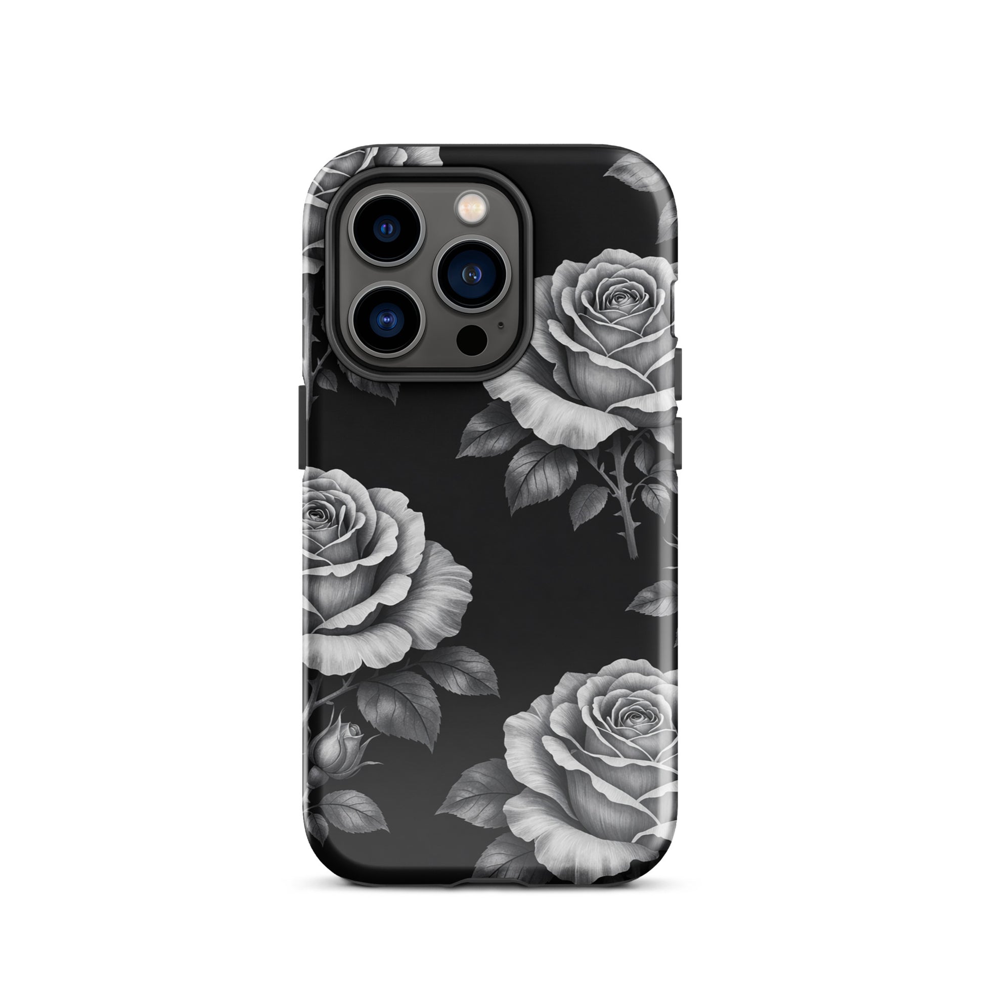 Phone Case for iPhone with rose garden design on black background, featuring hand-sketched style flowers and leaves.