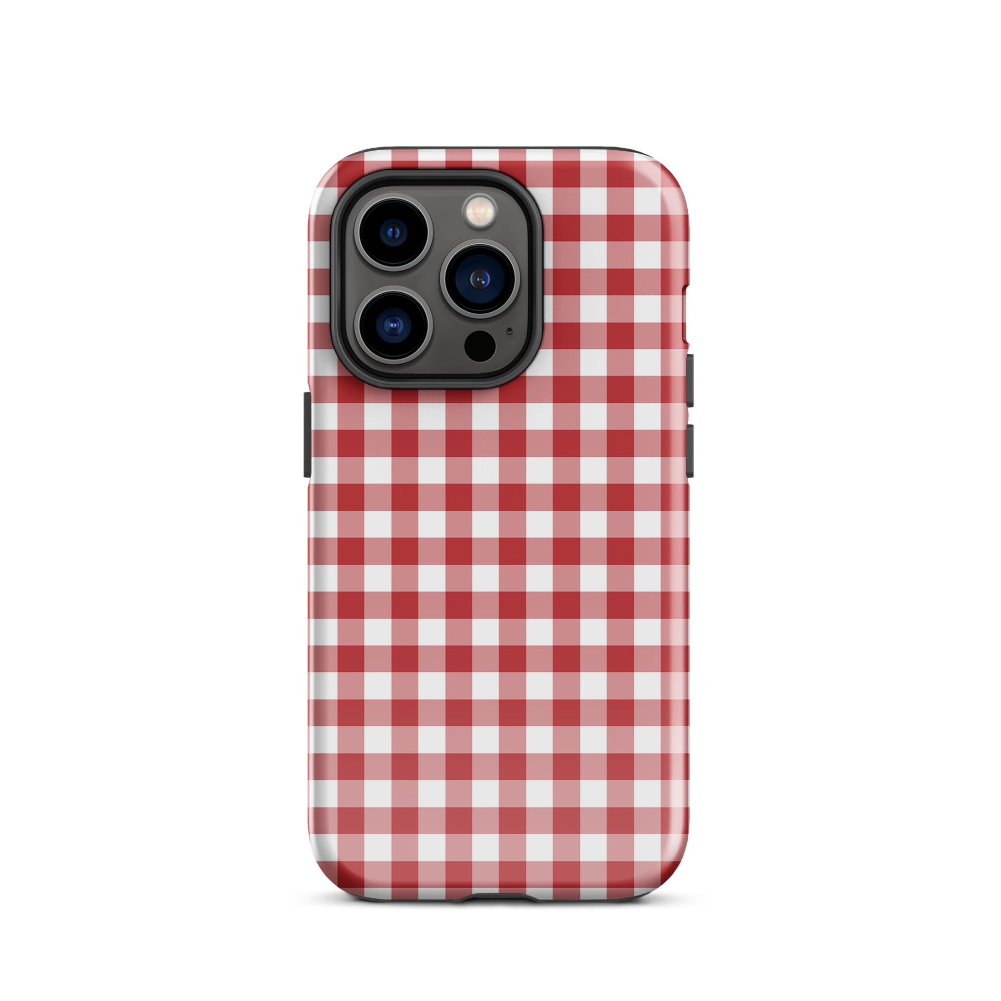 Phone Case with red-and-white gingham pattern for iPhone, offering a chic and protective accessory.