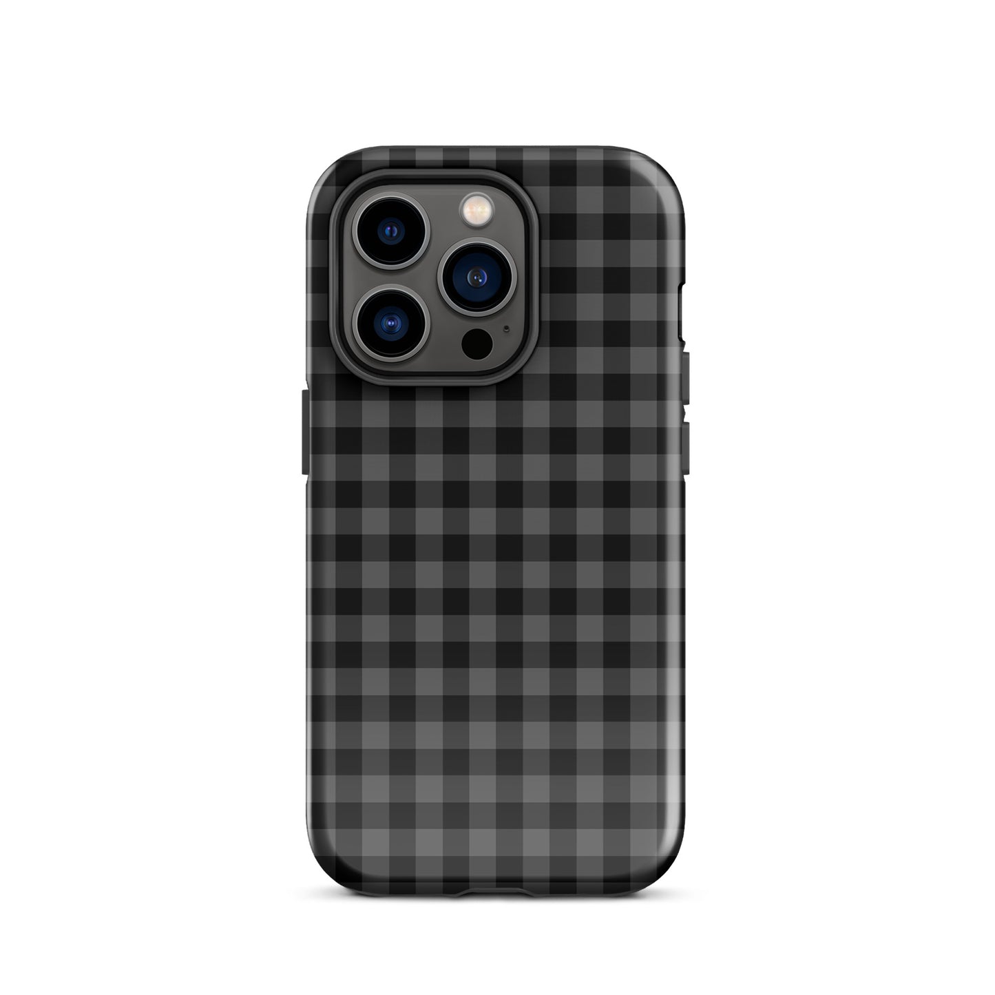 Phone Case with black and charcoal gingham pattern designed for iPhone, combining modern style with protective luxury.