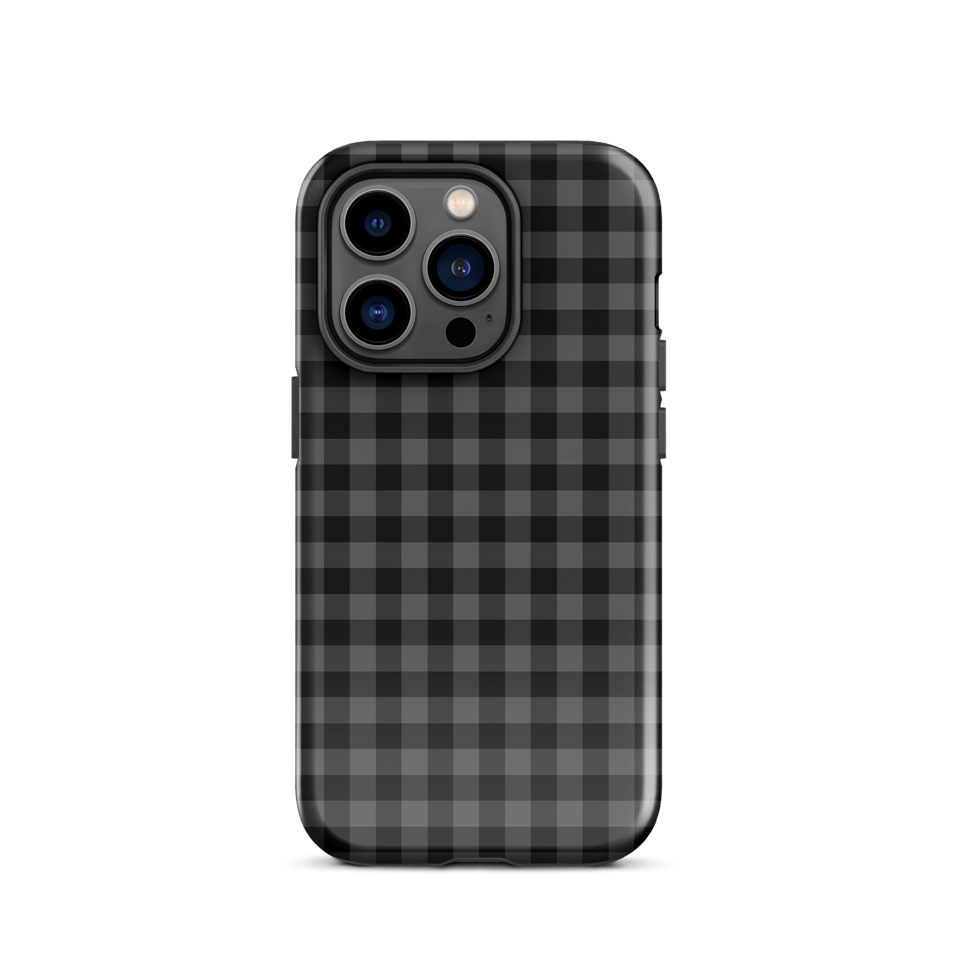 Phone Case with black and charcoal gingham pattern designed for iPhone, combining modern style with protective luxury.