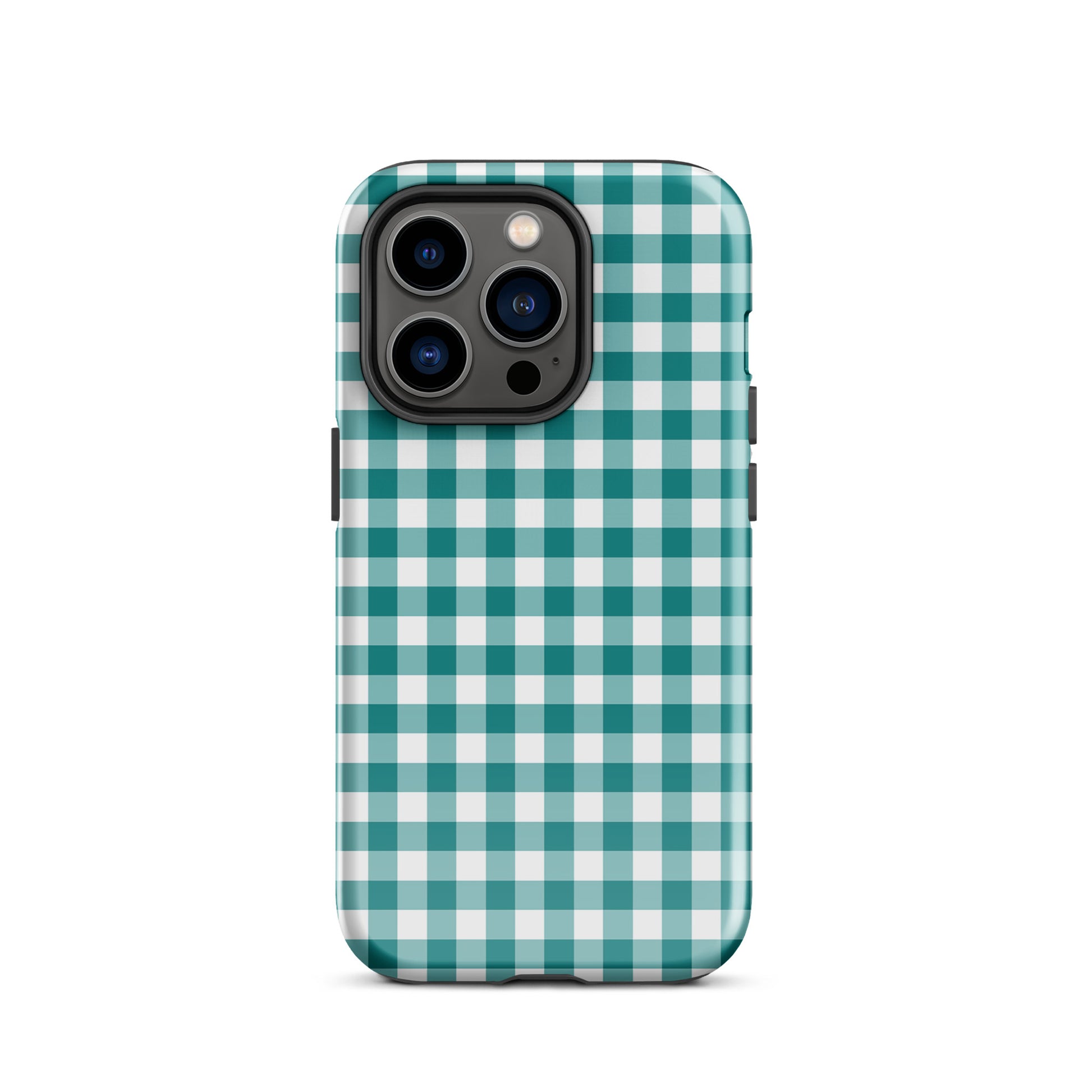 Phone Case for iPhone with teal and white gingham pattern, stylish and protective accessory.