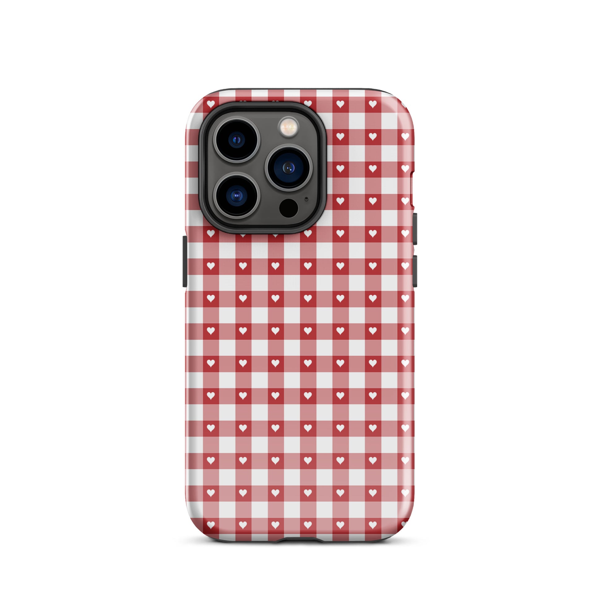 Phone Case for iPhone with red and white gingham pattern and white hearts, charming style with protection.