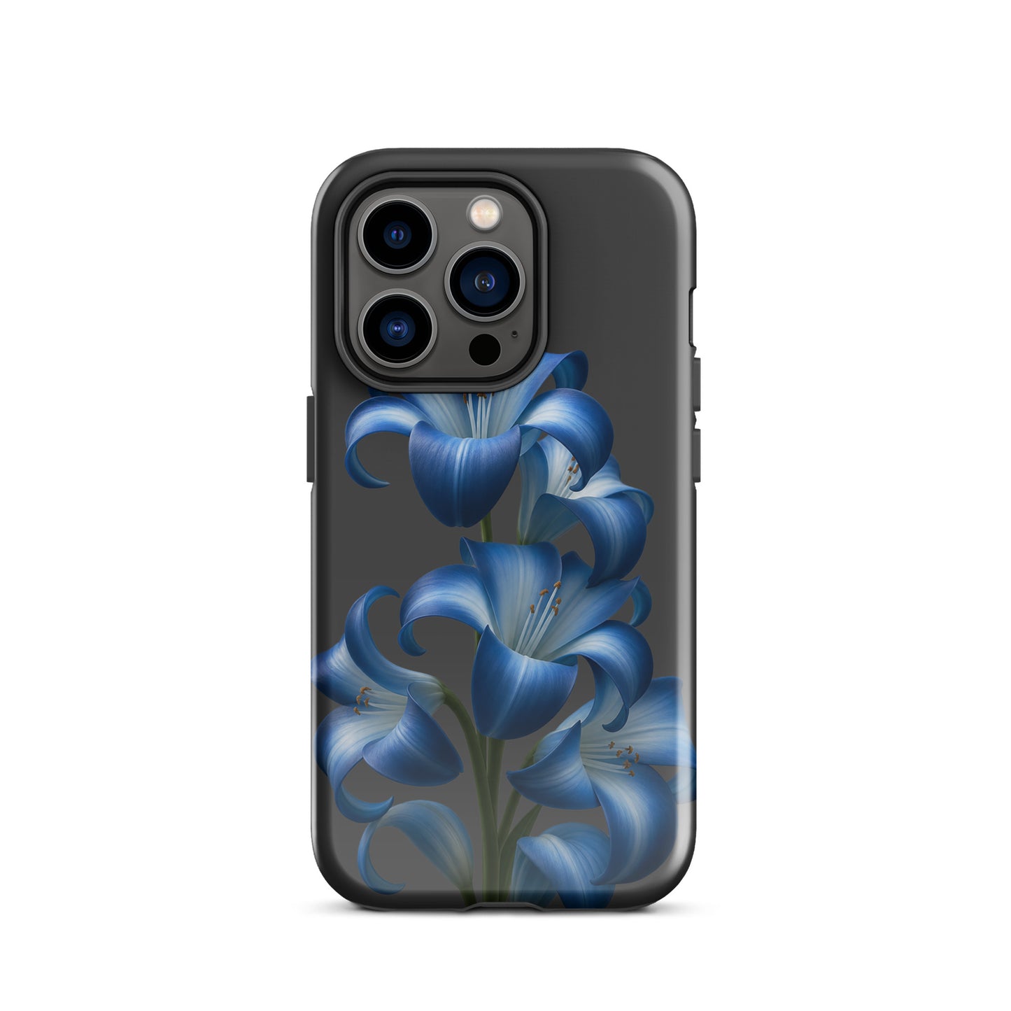 Phone Case for iPhone featuring blue lily bloom art on dark backdrop, offering tough stylish protection.