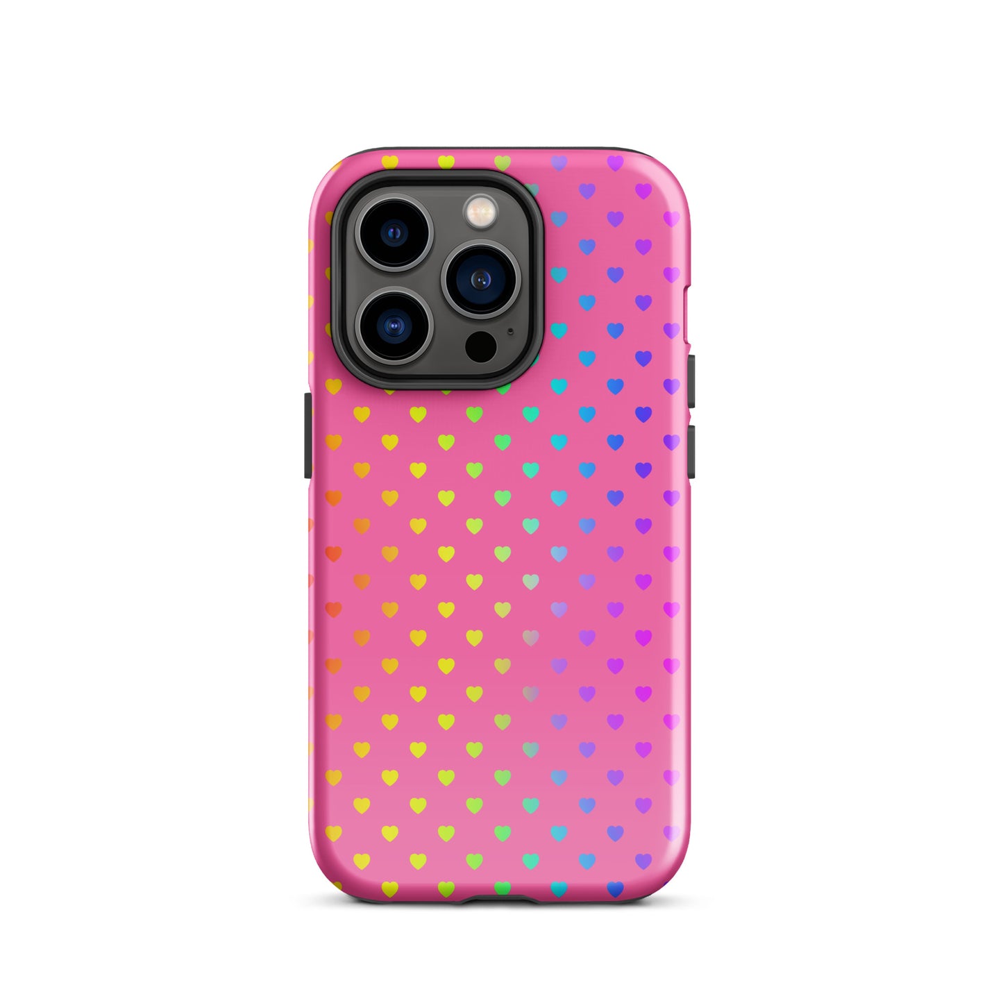 Phone Case for iPhone with cute rainbow hearts on a pink background, offering colorful and charming design with durable build.