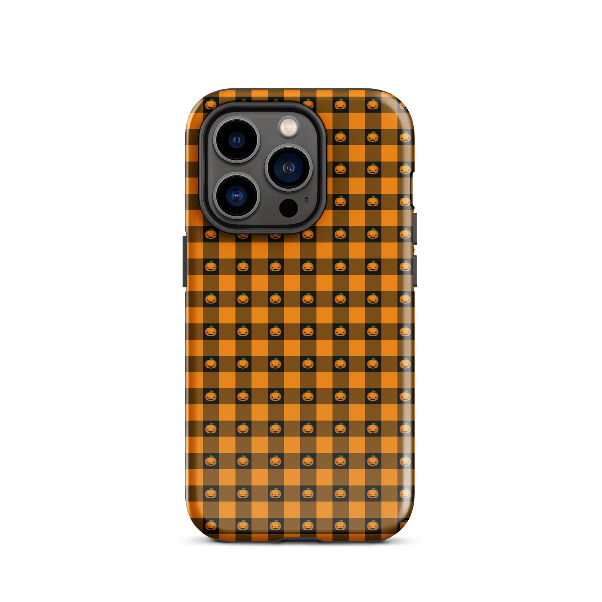 Phone Case for iPhone with Playful Pumpkin Gingham Halloween Design, featuring jack-o’-lantern faces on a bold orange and black pattern.