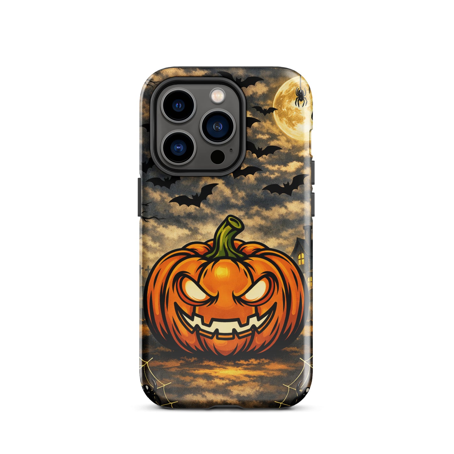 Phone Case for iPhone featuring a haunted pumpkin moonlit Halloween scene with jack-o’-lantern, bats, and haunted house design.