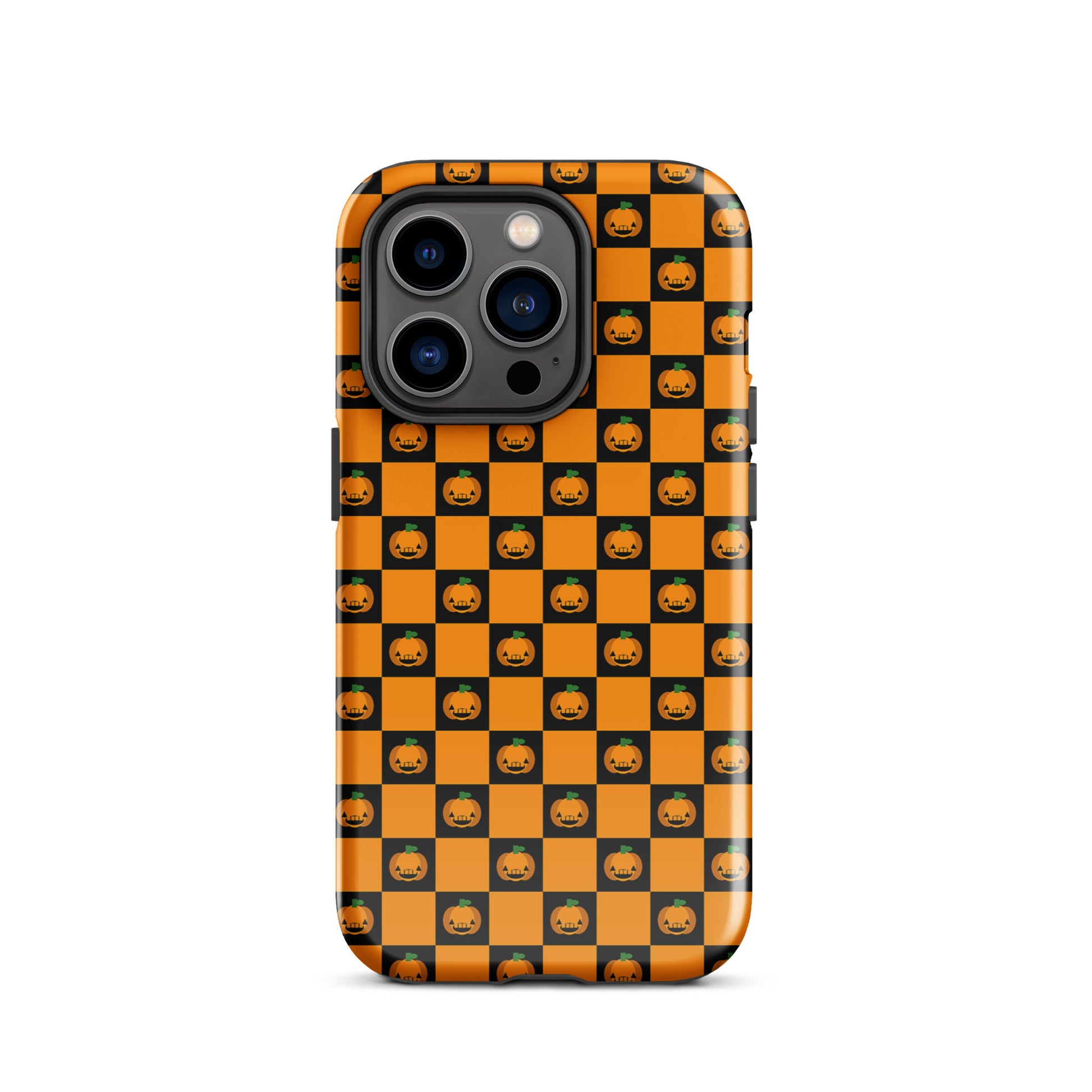 Phone Case with playful pumpkin checkered Halloween design for iPhone featuring orange and black squares with jack-o'-lanterns.