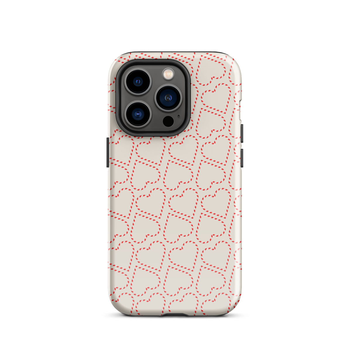 Phone Case with holiday candy cane heart pattern for iPhone, featuring festive red and white stripes, perfect for Christmas vibes.