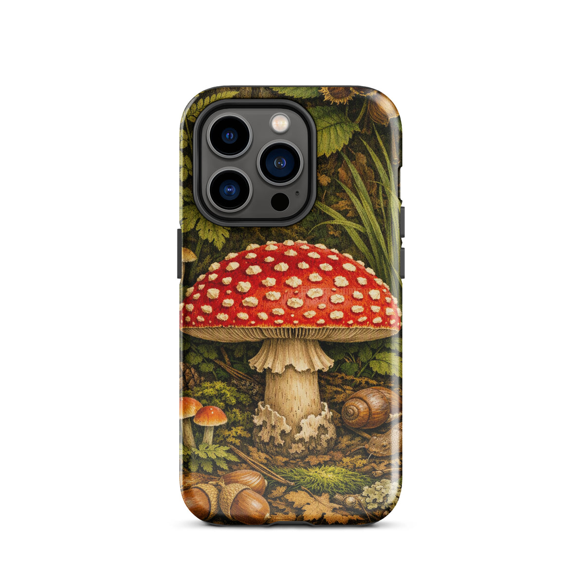 Phone Case featuring Amanita muscaria mushroom design in lush forest setting, perfect for iPhone users.
