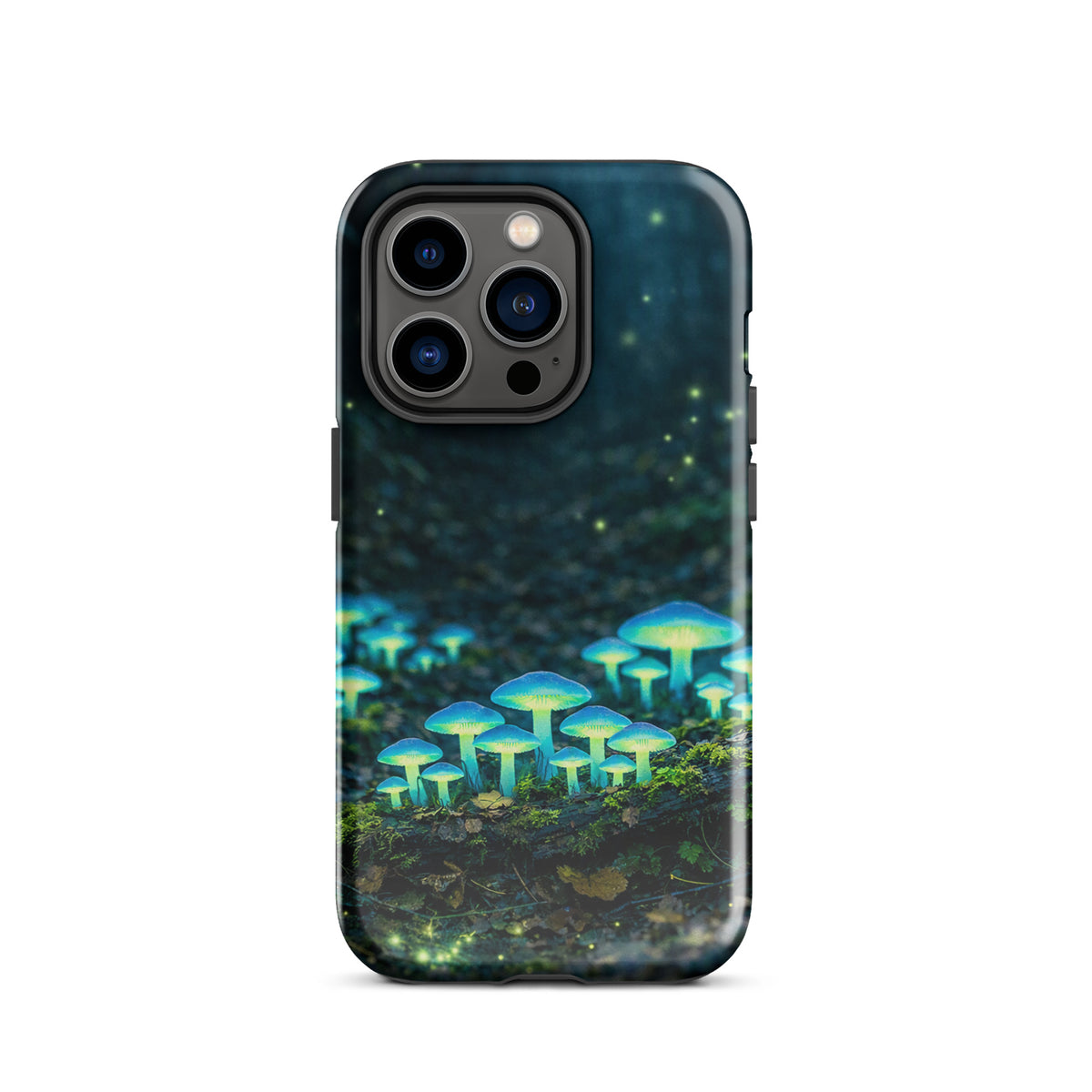 Phone Case for iPhone with glowing forest mushrooms design, featuring ethereal blue-green bioluminescent mushroom cluster in a misty woodland.