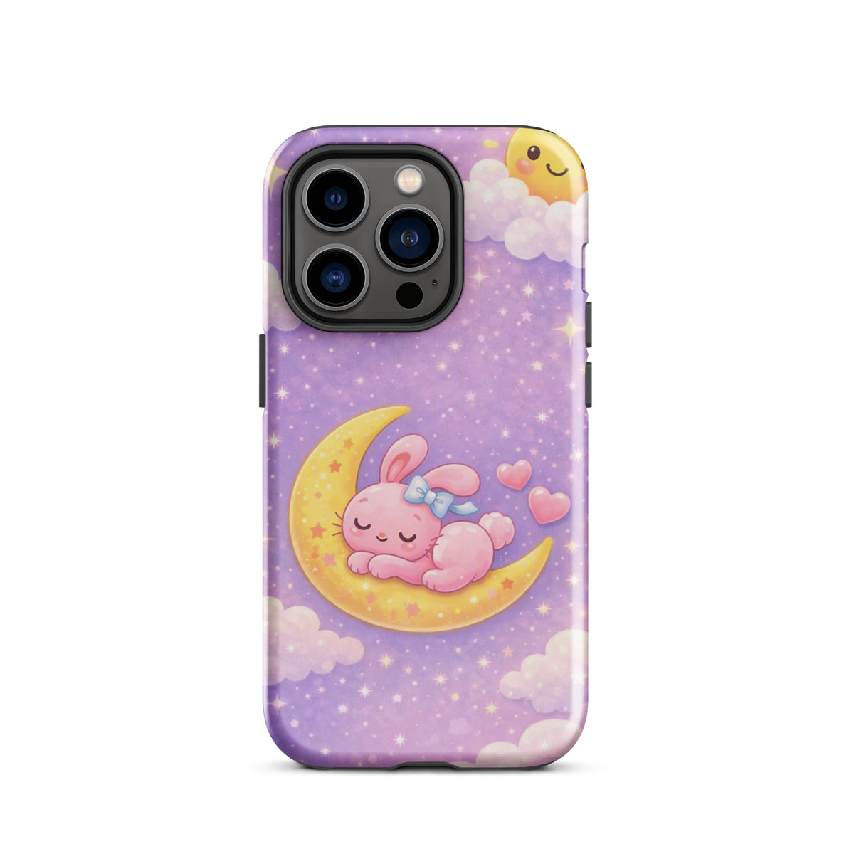 Phone Case with dreamy bunny moon design featuring a pink bunny on a crescent moon with stars, perfect for iPhone protection and style.