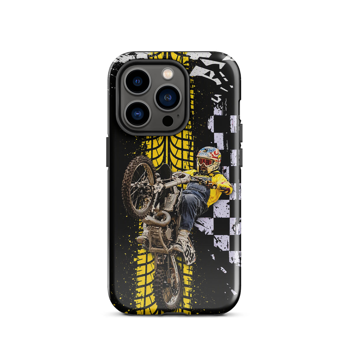Phone Case featuring Ronnie Mac air-wheelie design with motocross attitude, black, white, and yellow palette, distressed checkerboard.