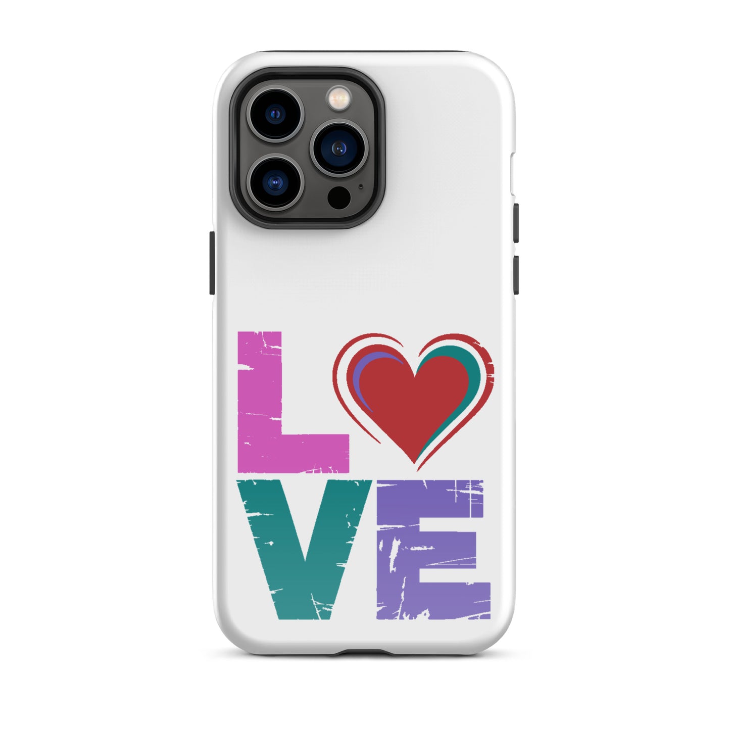 Love Tough Dual Layerd Case for iPhones with colorful love design and heart graphic.