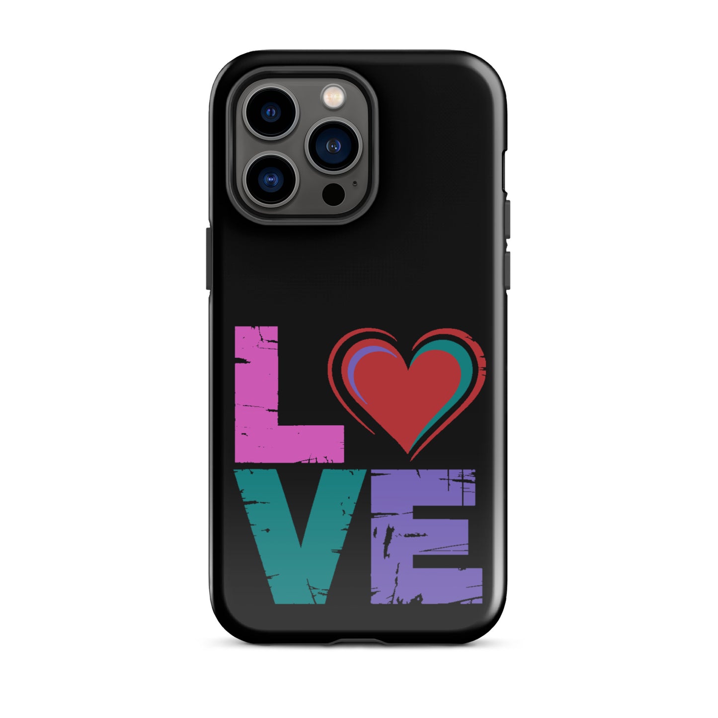 Love Tough Dual Layered Case for iPhones featuring colorful love design on a black background.