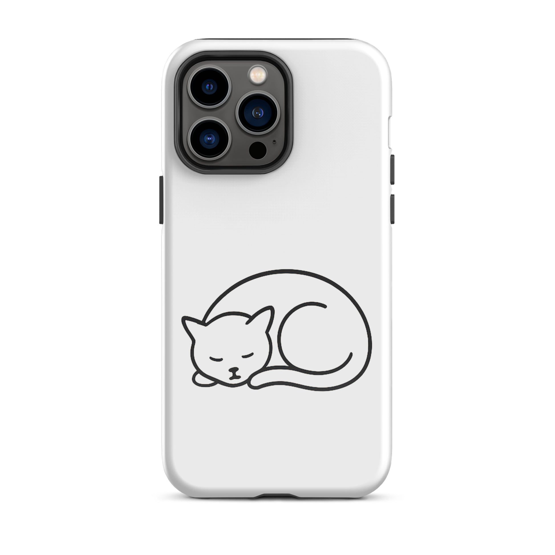 Phone case for iPhone featuring a minimalist curled-up cat design on a white background.
