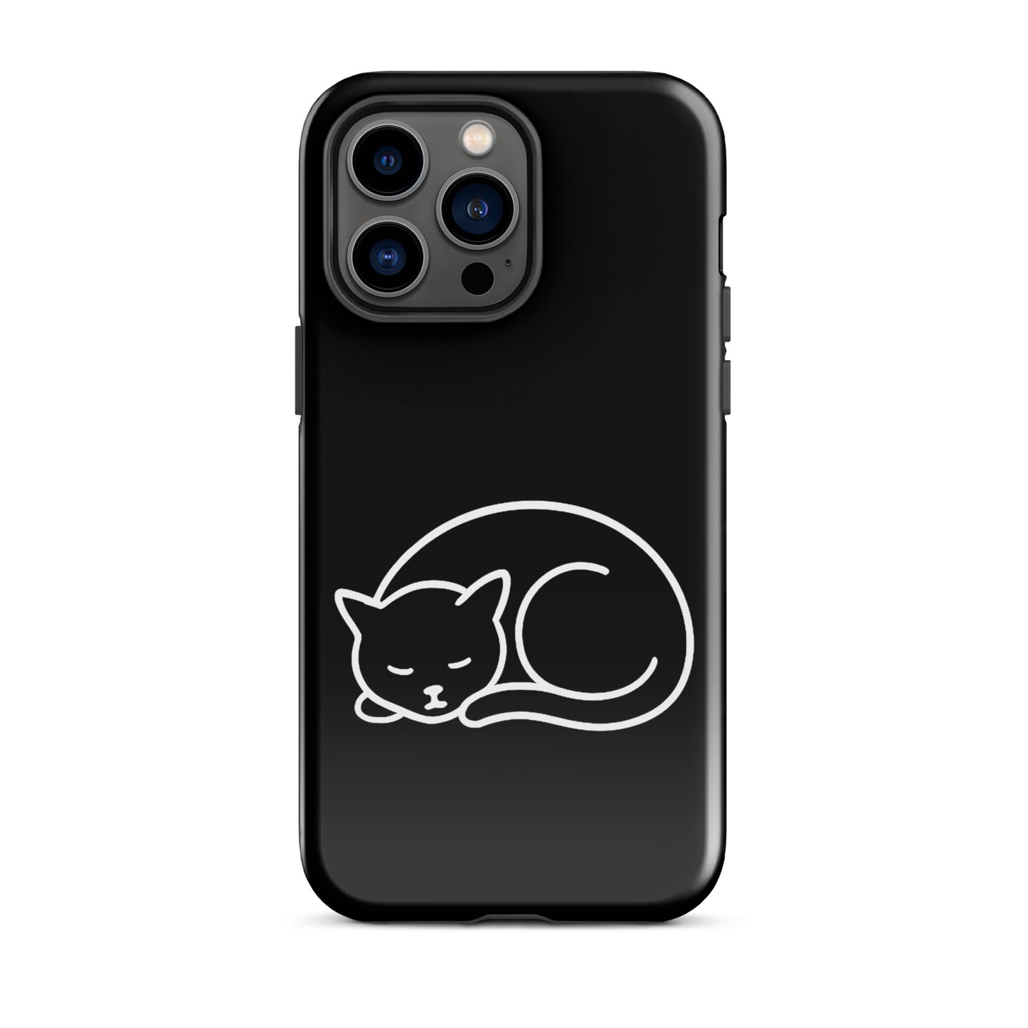 Phone case for iPhone featuring a minimalist curled-up cat design in white on a black background.