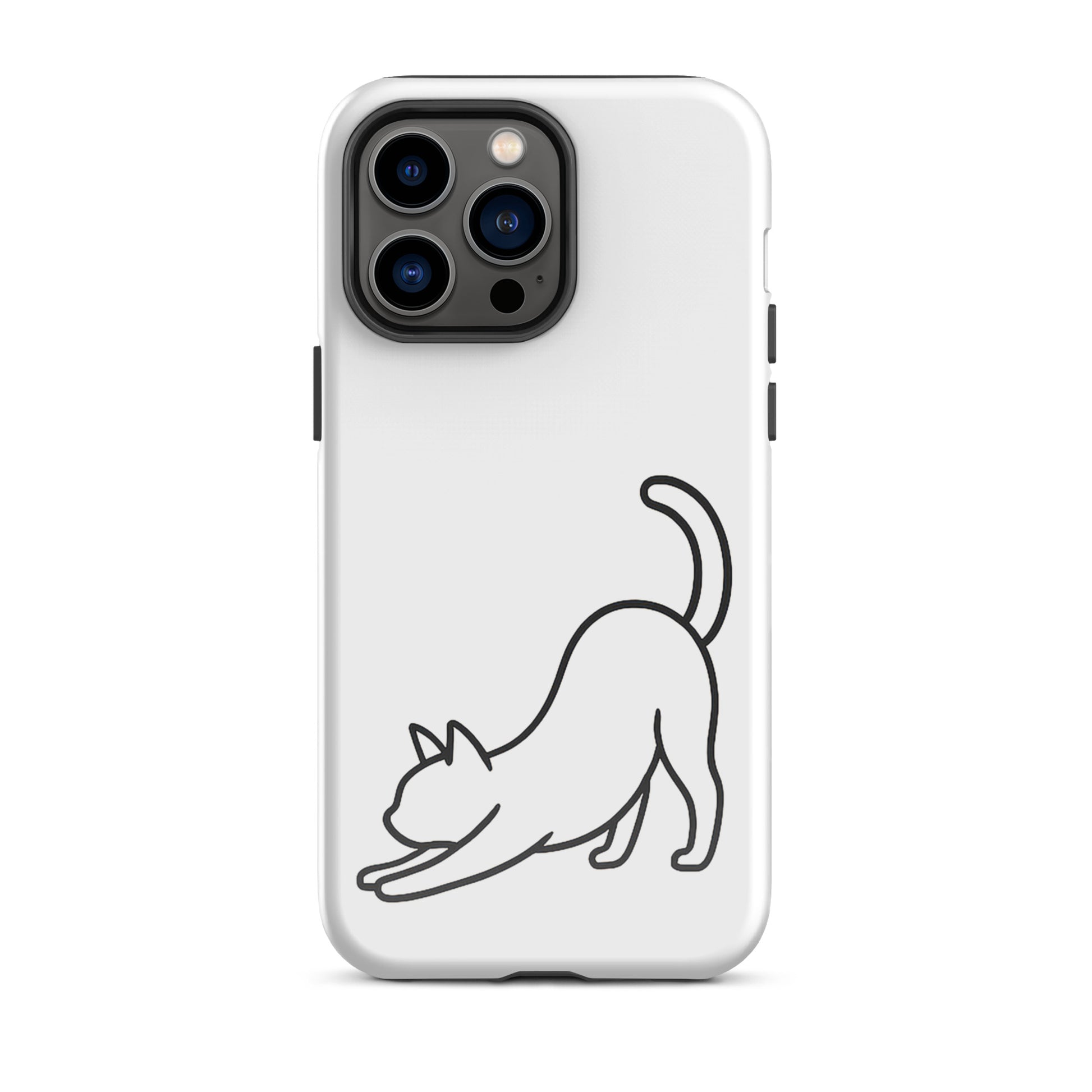 Phone Case featuring a minimalist stretching cat design on a sleek white background.