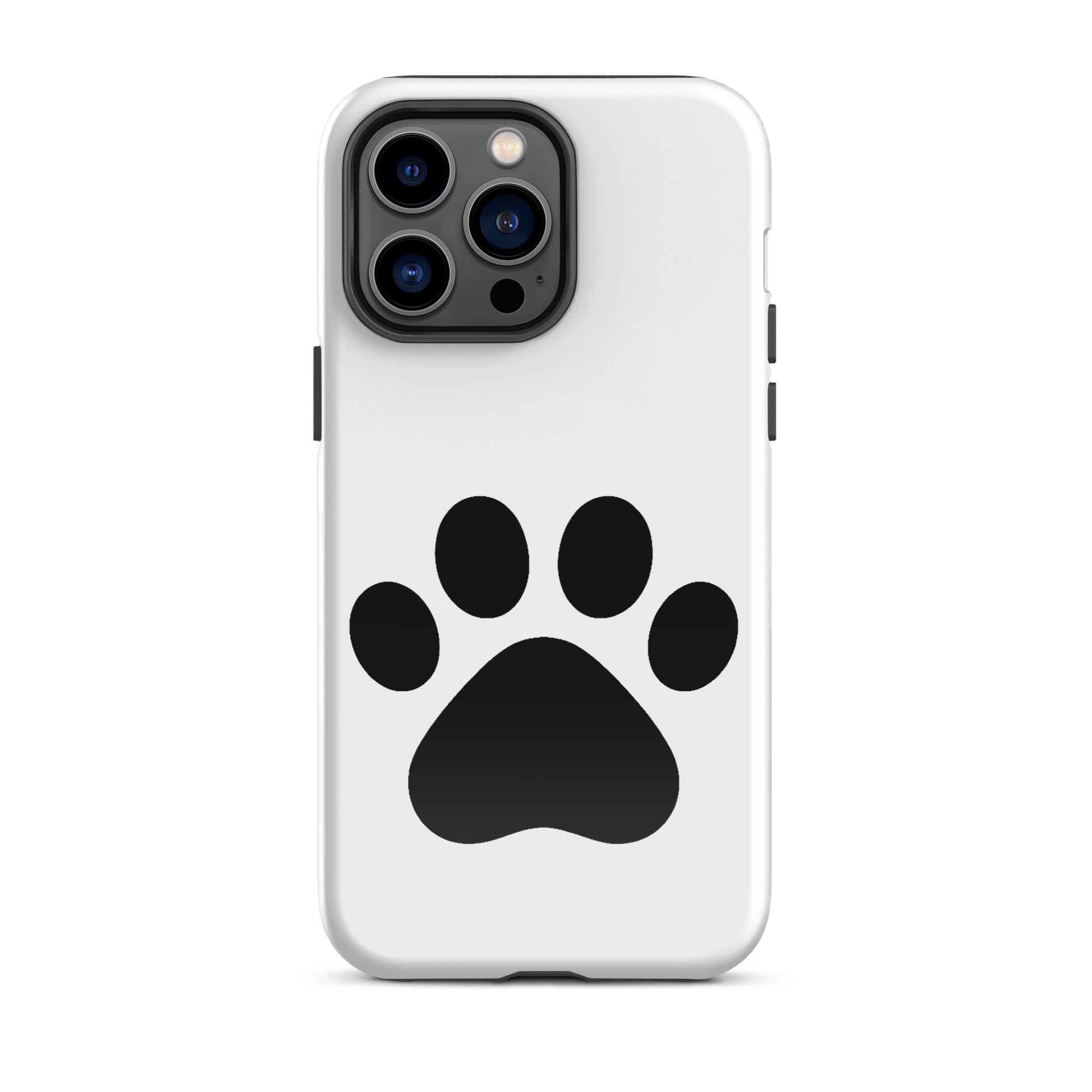 Phone Case for iPhone featuring a minimalist black paw print design on a white background.