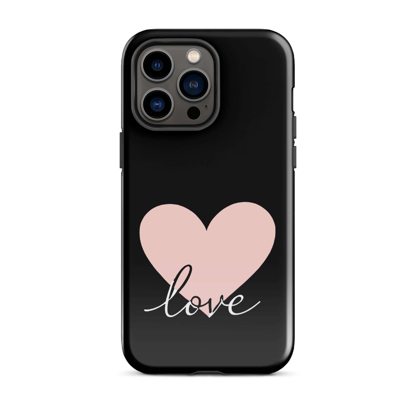 Phone Case for iPhone featuring pink heart and stylish script "love" design on a black background.