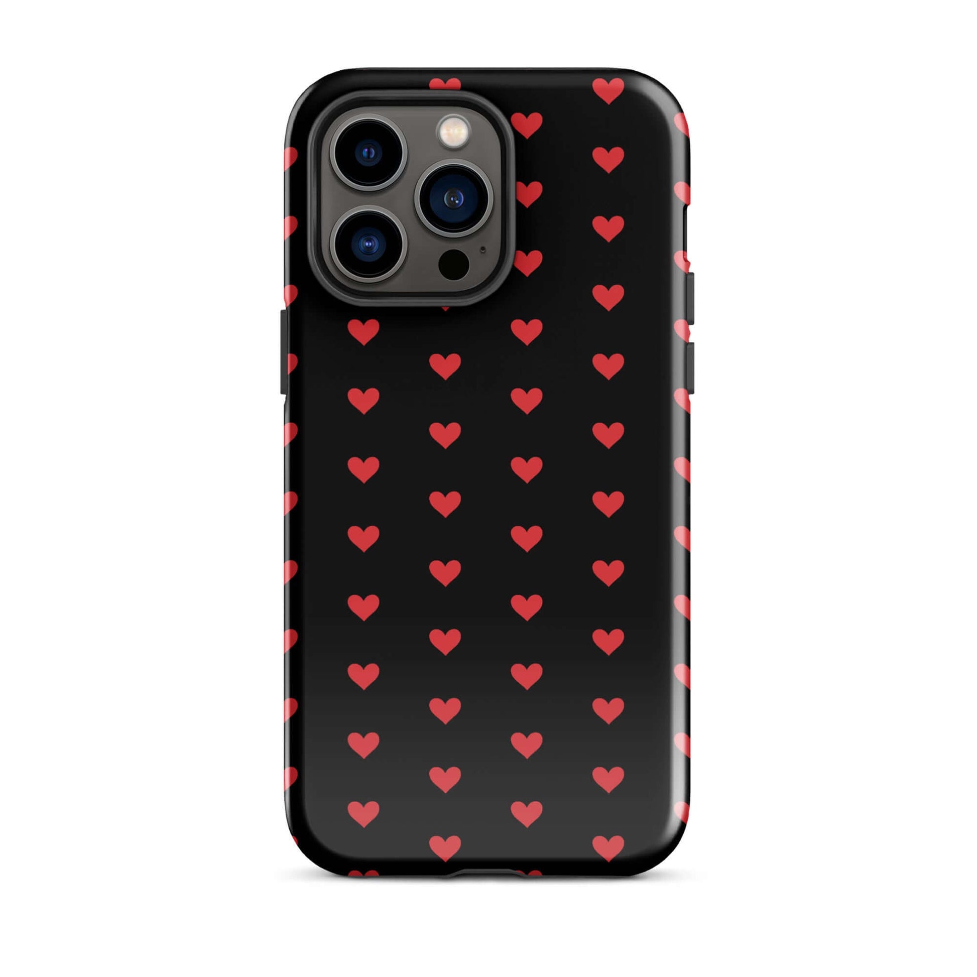 Phone Case for iPhone featuring a pattern of fiery red hearts on a sleek black background.