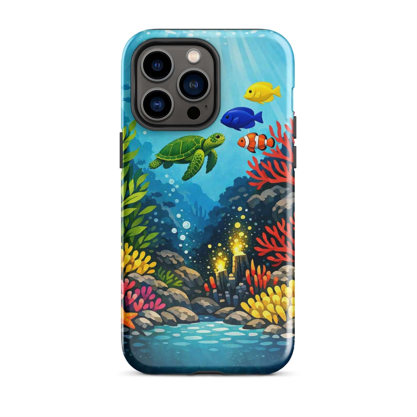 phone case featuring vibrant sea turtle and coral reef design with colorful tropical fish.