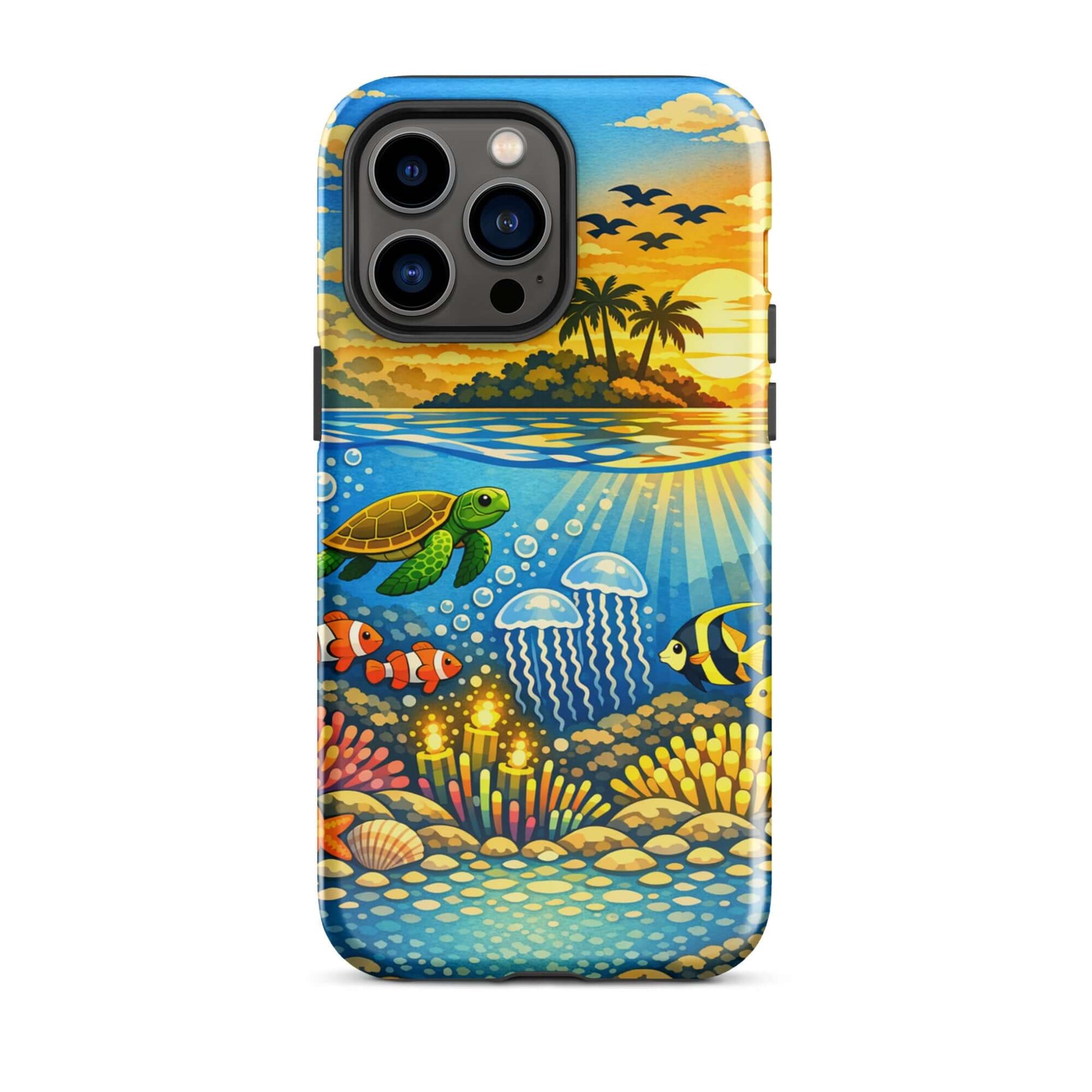 Phone Case featuring a tropical sunset and underwater reef with vibrant marine life.