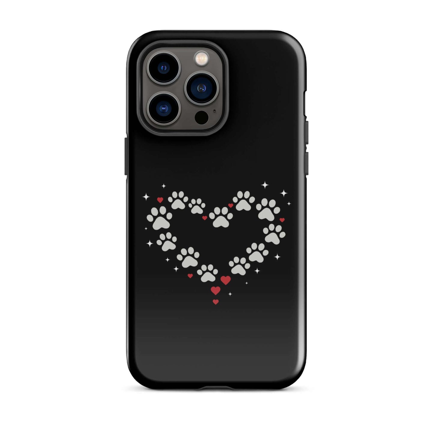 Phone Case featuring a paw-print heart design, perfect for stylish pet lovers. Bold black backdrop with gray and red accents.
