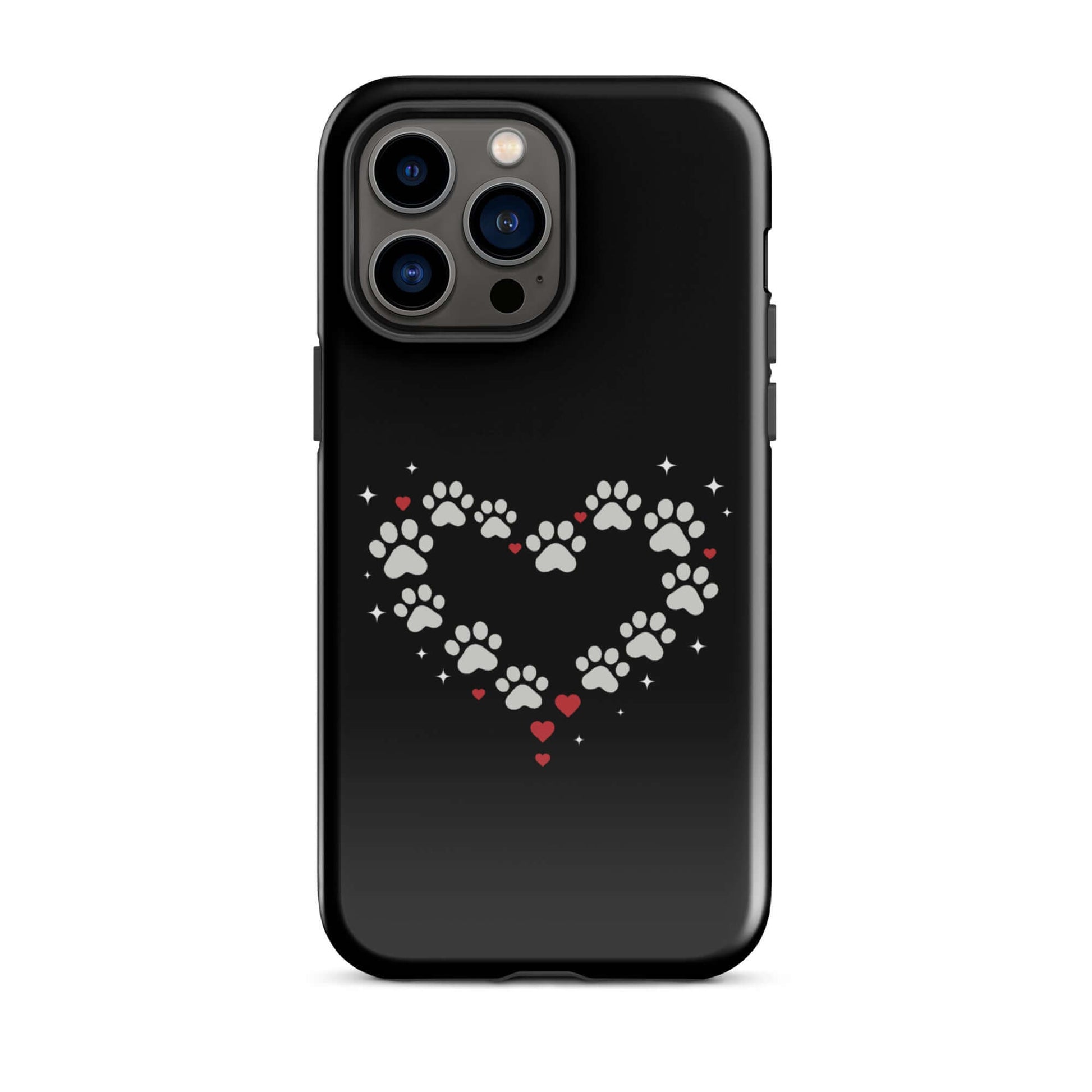 Phone Case featuring a paw-print heart design, perfect for stylish pet lovers. Bold black backdrop with gray and red accents.