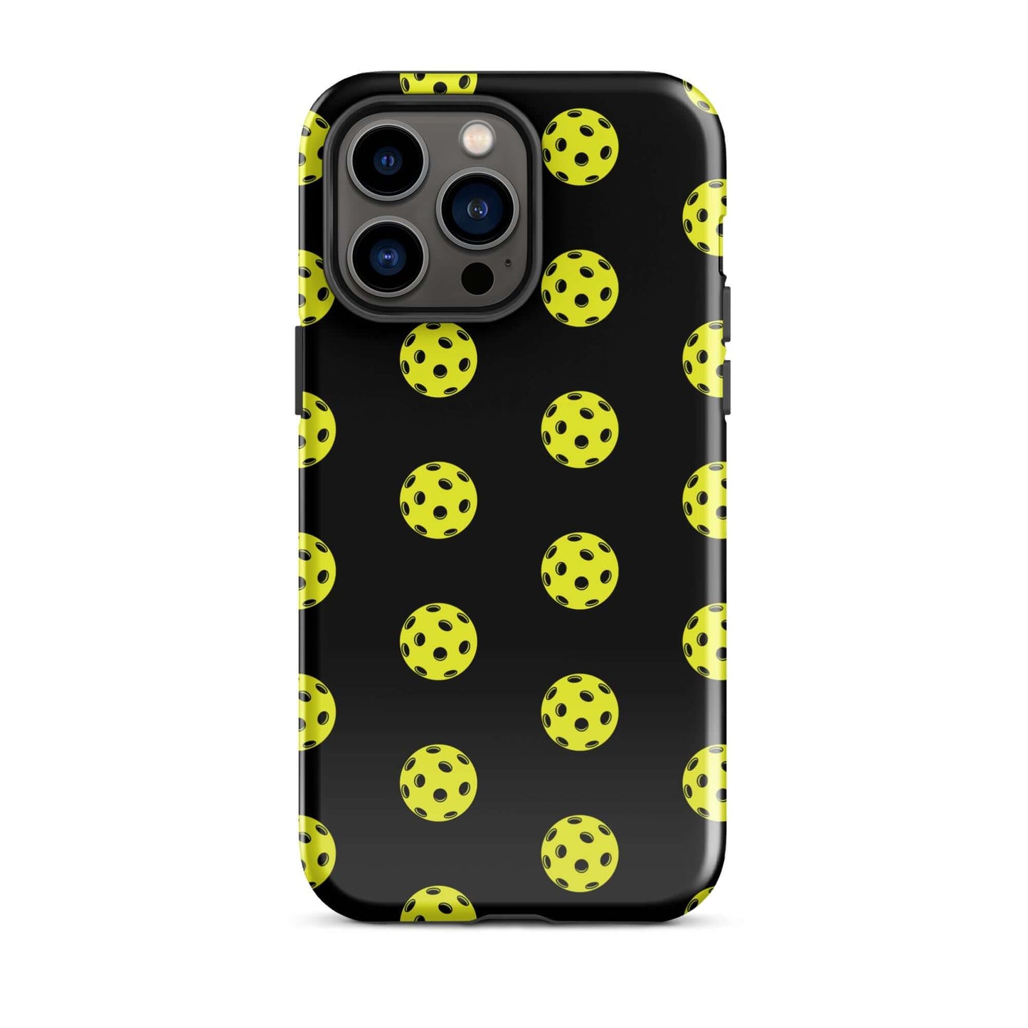 Phone Case featuring a bold pickleball pattern on a sleek black background, perfect for sporty style.