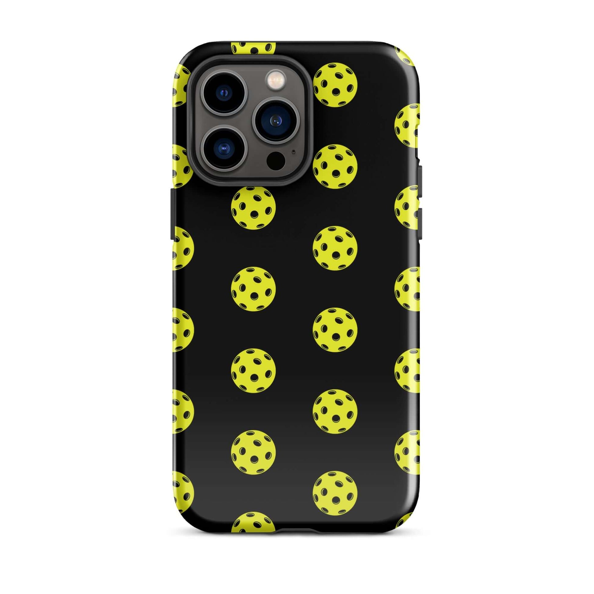Phone Case featuring a bold pickleball pattern on a sleek black background, perfect for sporty style.