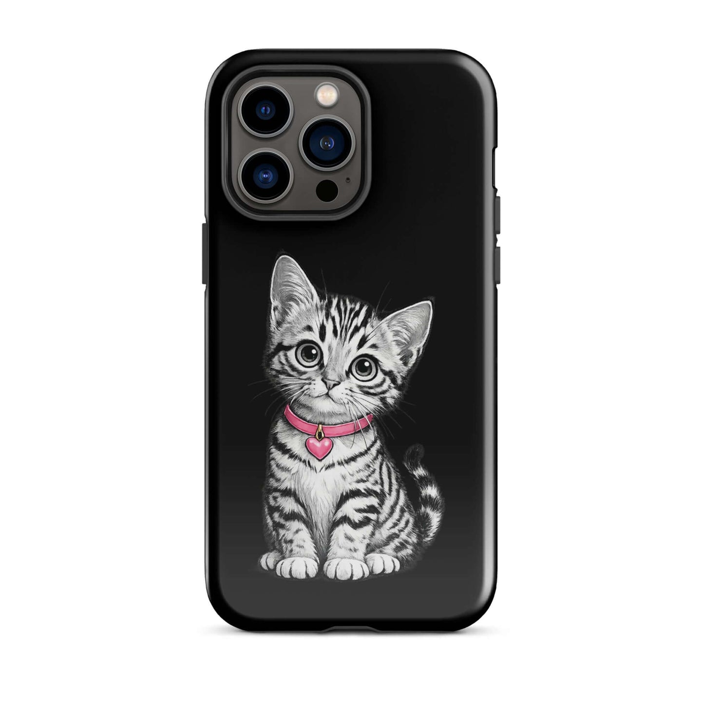 Phone Case for iPhone featuring pencil sketch kitten with pink heart charm