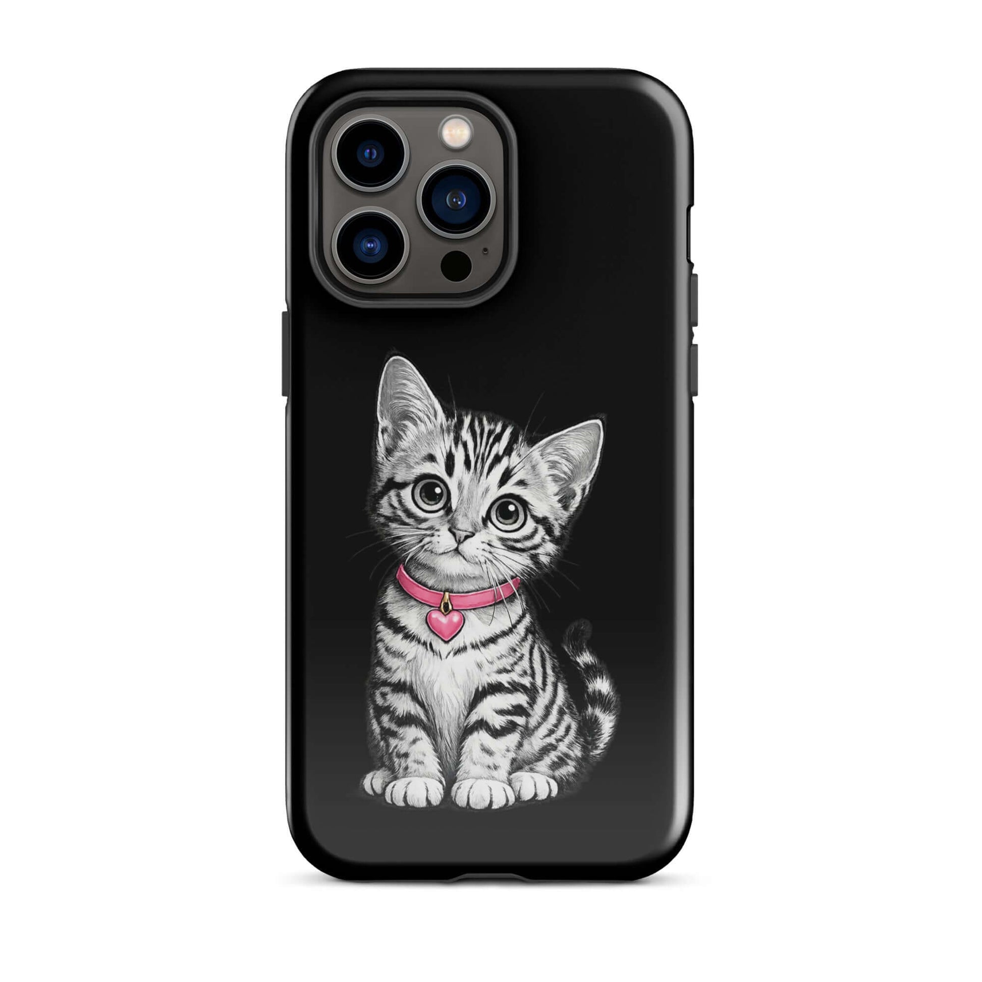 Phone Case for iPhone featuring pencil sketch kitten with pink heart charm