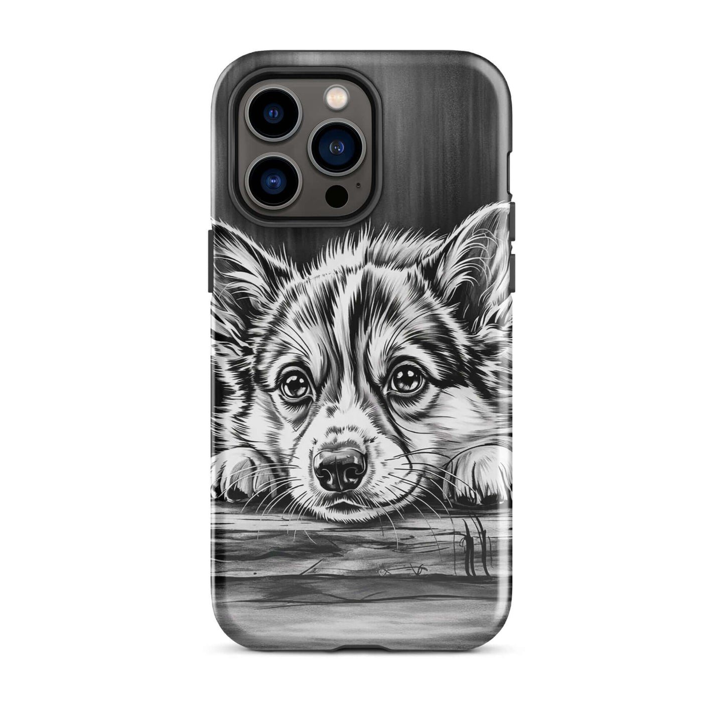 Phone Case with elegant black-and-white puppy illustration for iPhone, featuring protective luxury design on wooden texture background.