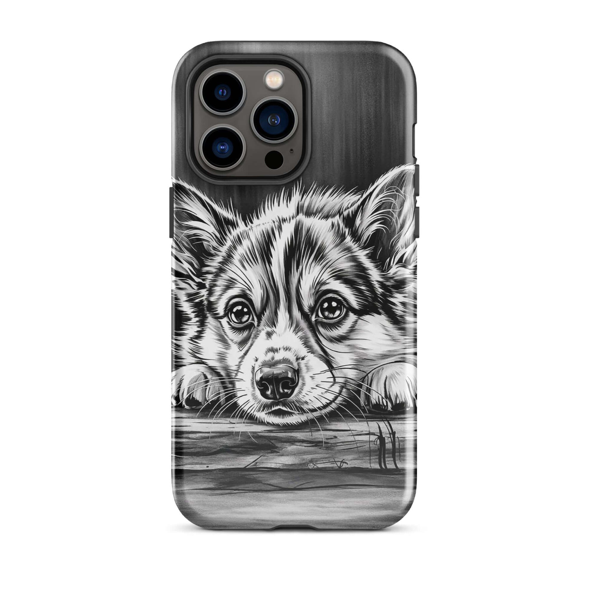 Phone Case with elegant black-and-white puppy illustration for iPhone, featuring protective luxury design on wooden texture background.
