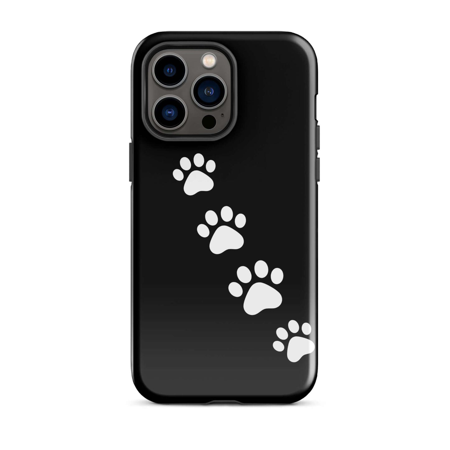 Phone case for iPhone with white paw-print trail design on black background, perfect for playful pet lovers and animal enthusiasts.