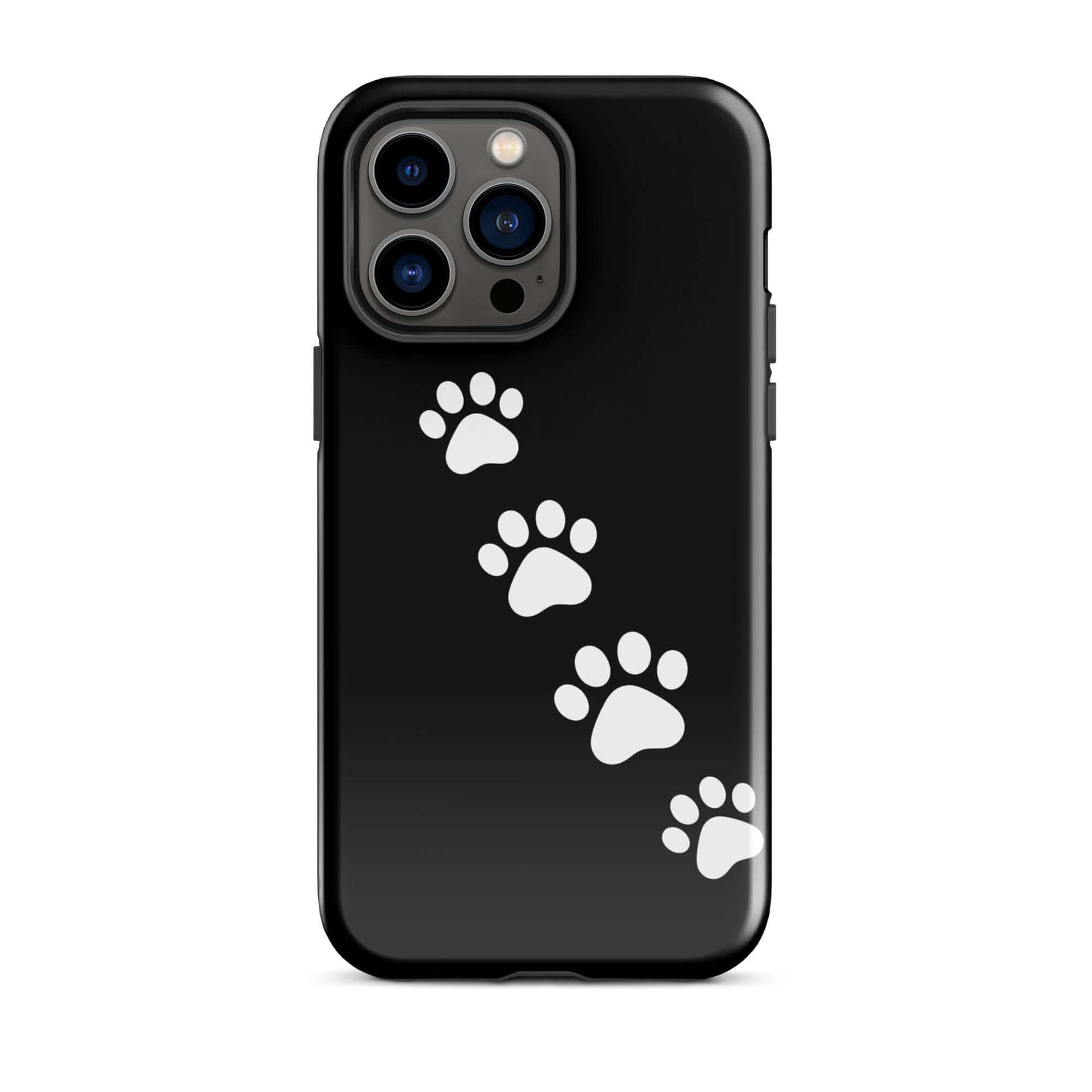 Phone case for iPhone with white paw-print trail design on black background, perfect for playful pet lovers and animal enthusiasts.
