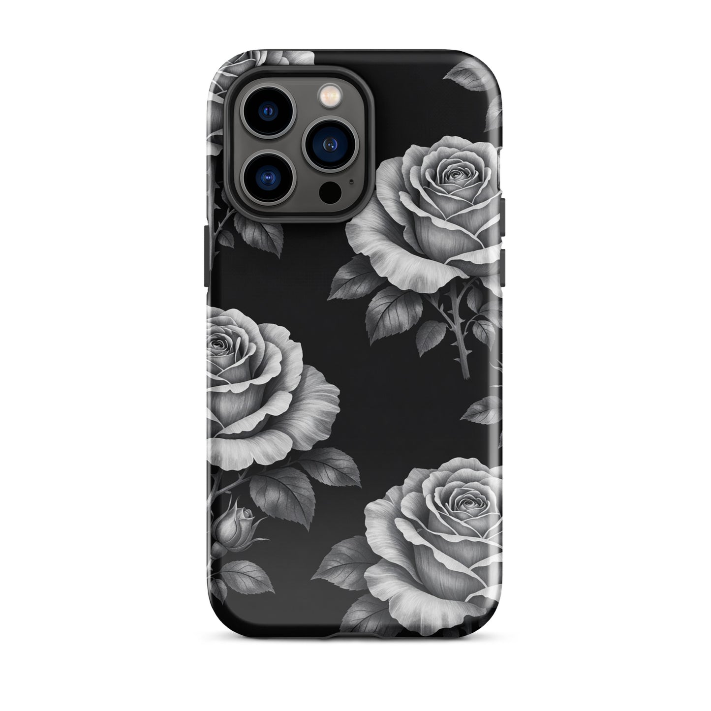 Phone Case with rose garden design, featuring hand-sketched roses against a black background for iPhone protection and style.