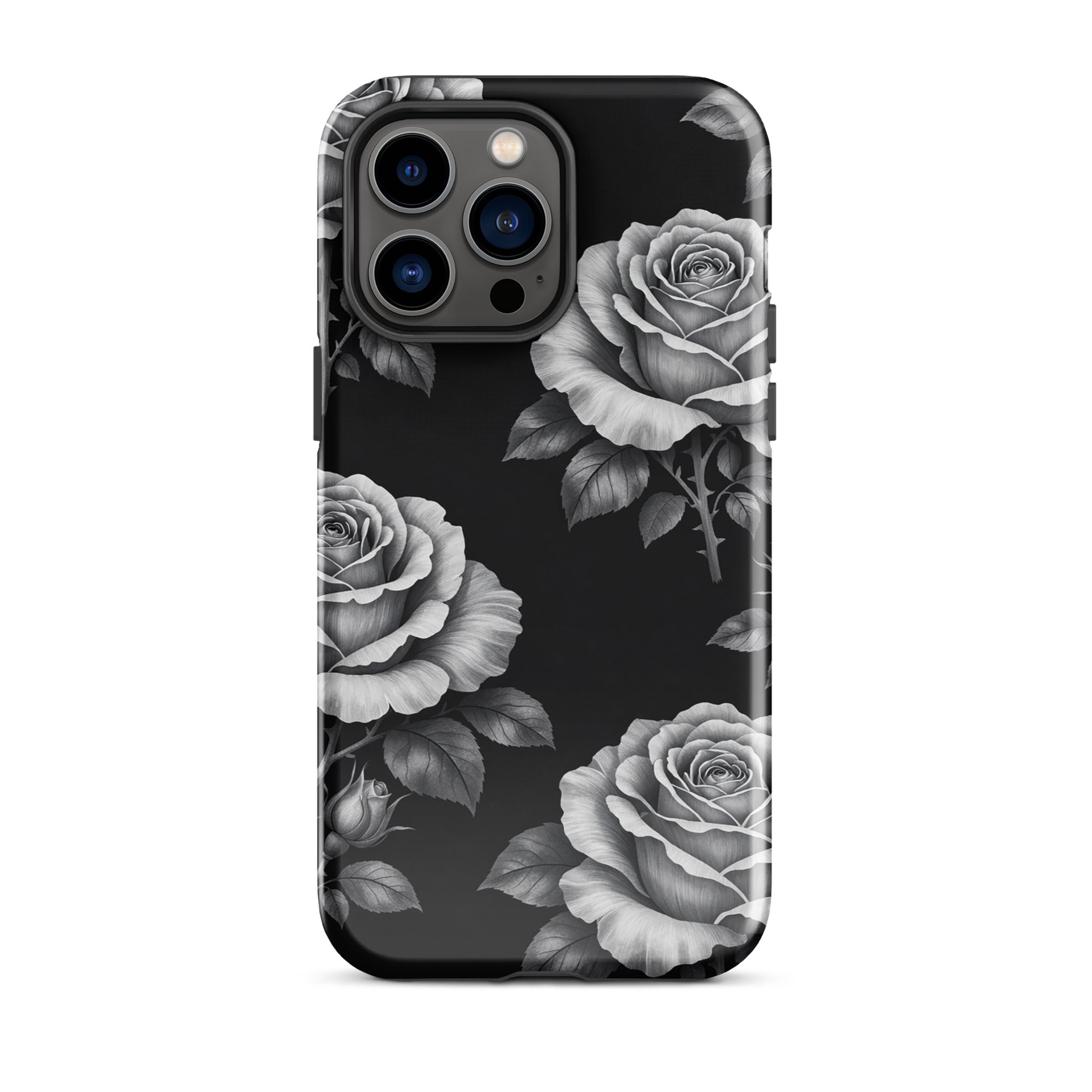 Phone Case with rose garden design, featuring hand-sketched roses against a black background for iPhone protection and style.