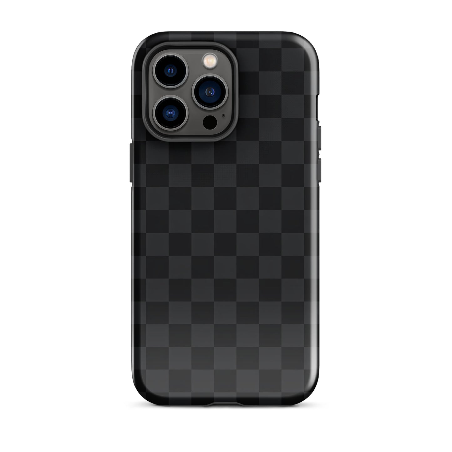Phone Case for iPhone with black and charcoal checkered design offering sleek, modern protection for minimalist style.