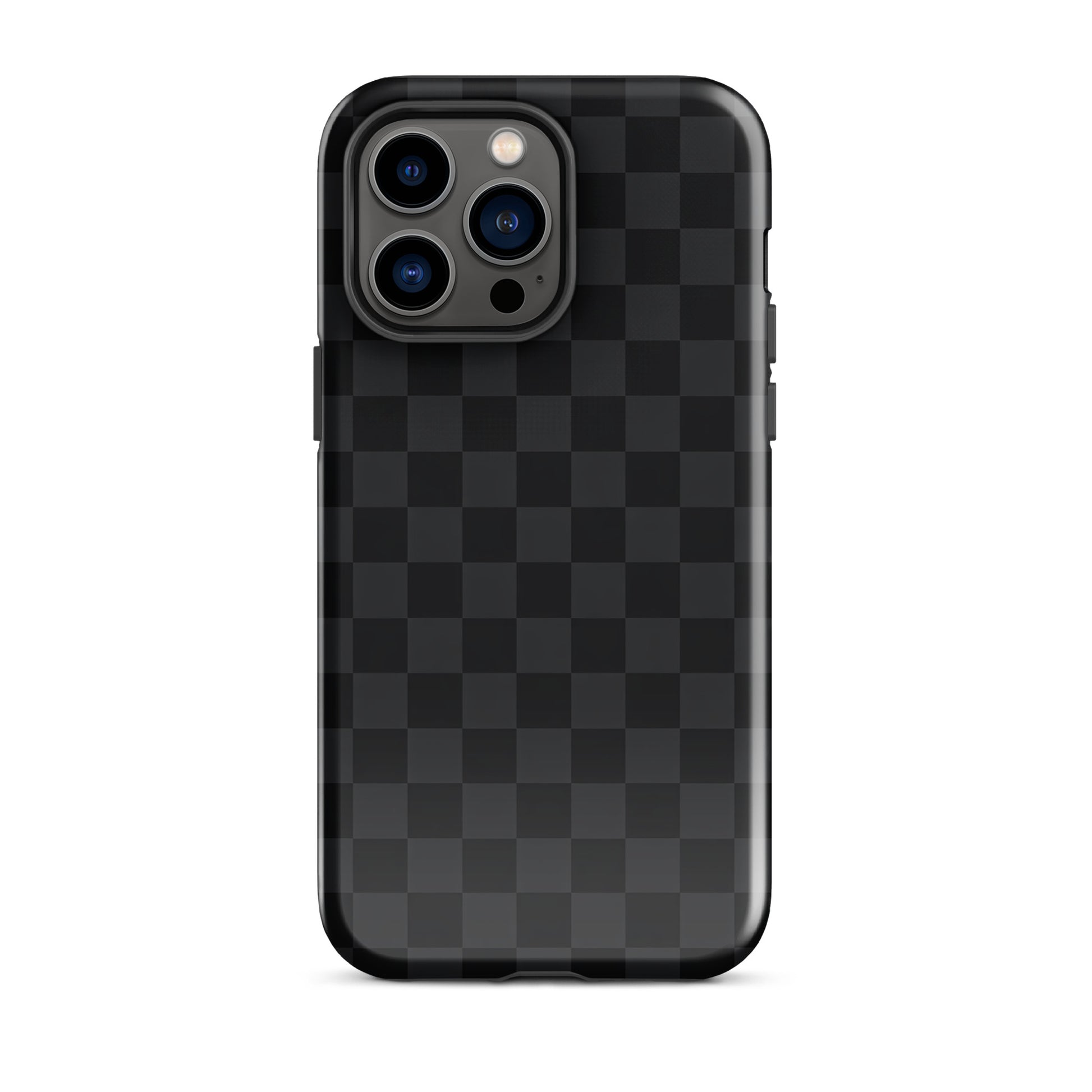 Phone Case for iPhone with black and charcoal checkered design offering sleek, modern protection for minimalist style.