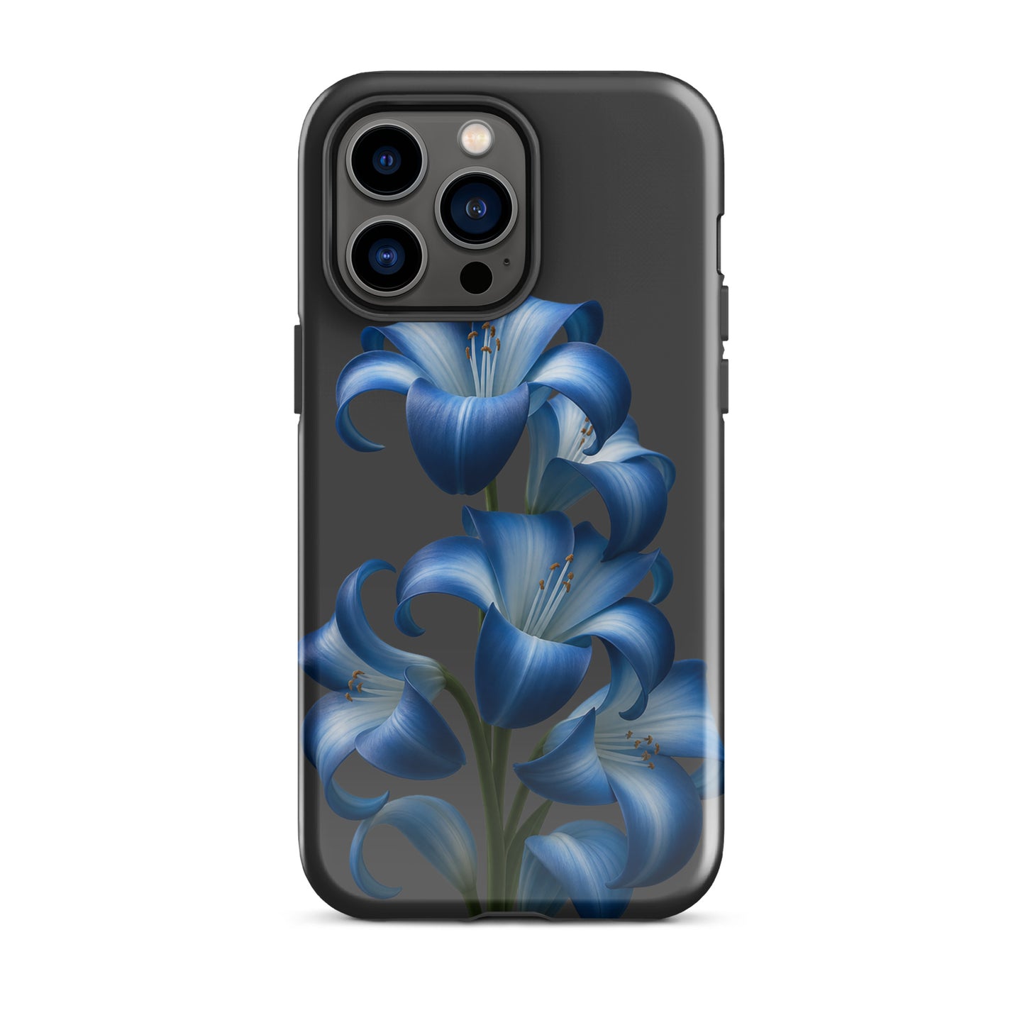 Phone Case with blue lily bloom art for iPhone, protective dual-layer design, stylish dark background