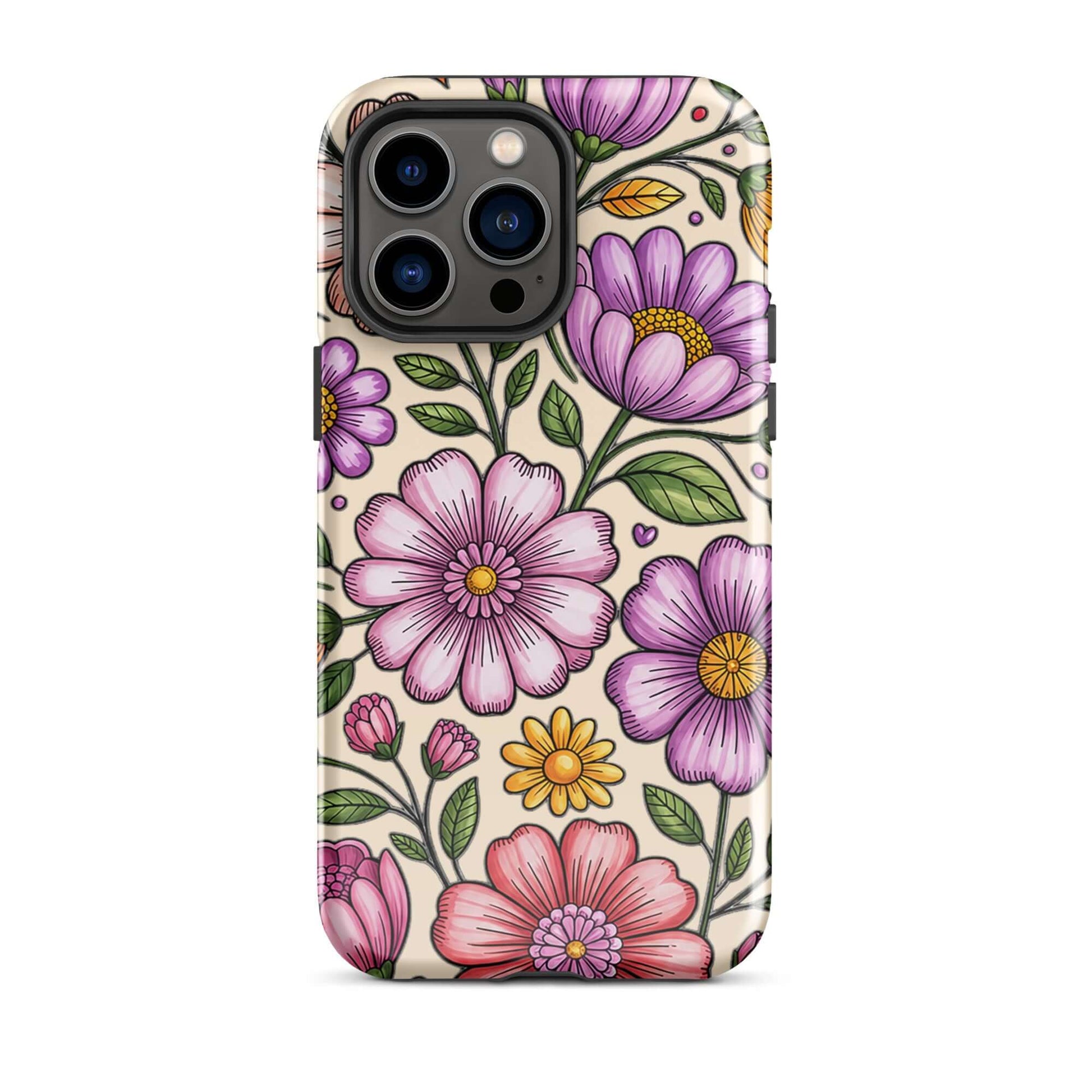 Phone Case for iPhone with pastel floral design featuring soft pinks, peaches, lavenders, and yellows on a cream background.