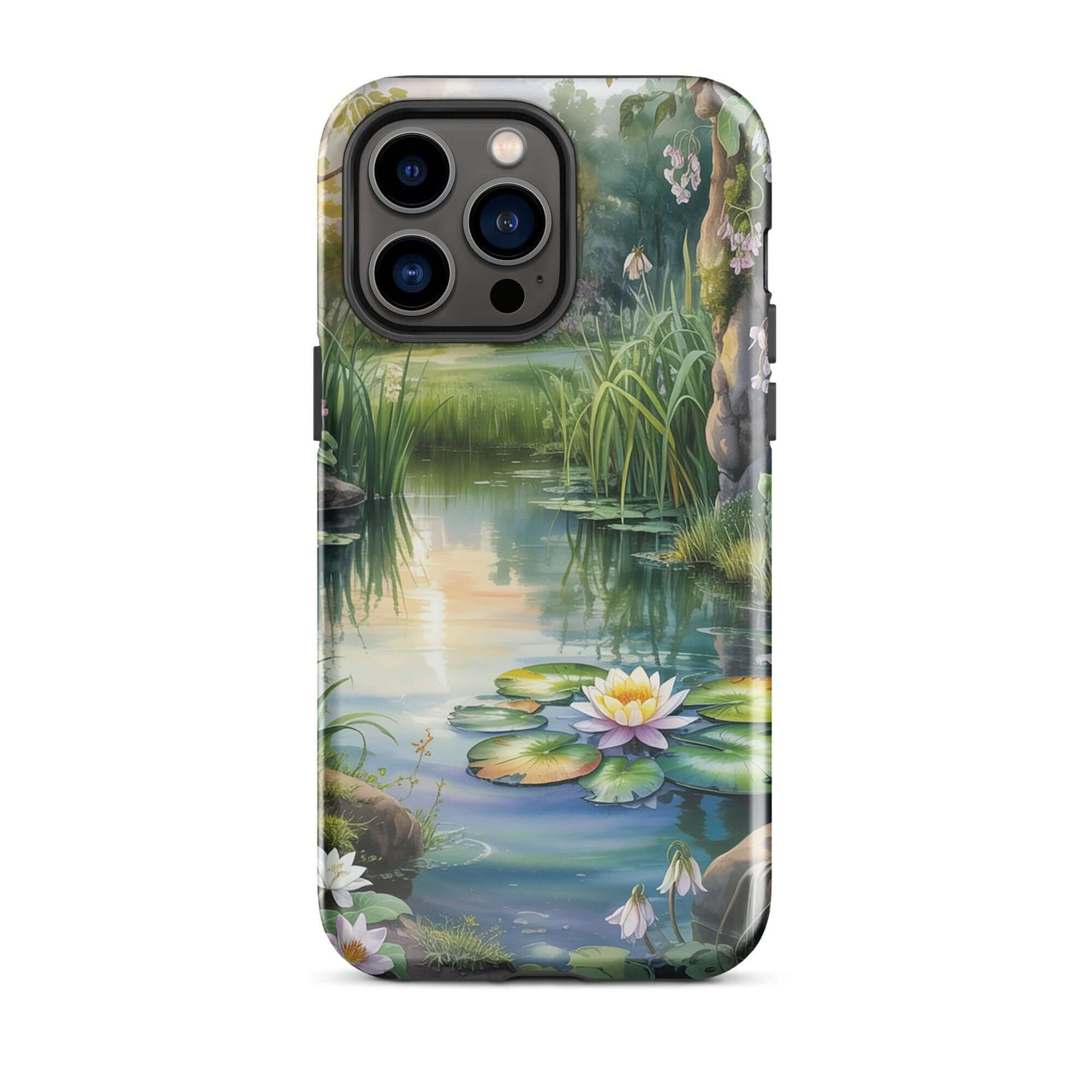 Phone Case for iPhone featuring enchanted pond design with water lilies, lush greenery, and warm sunset reflections.