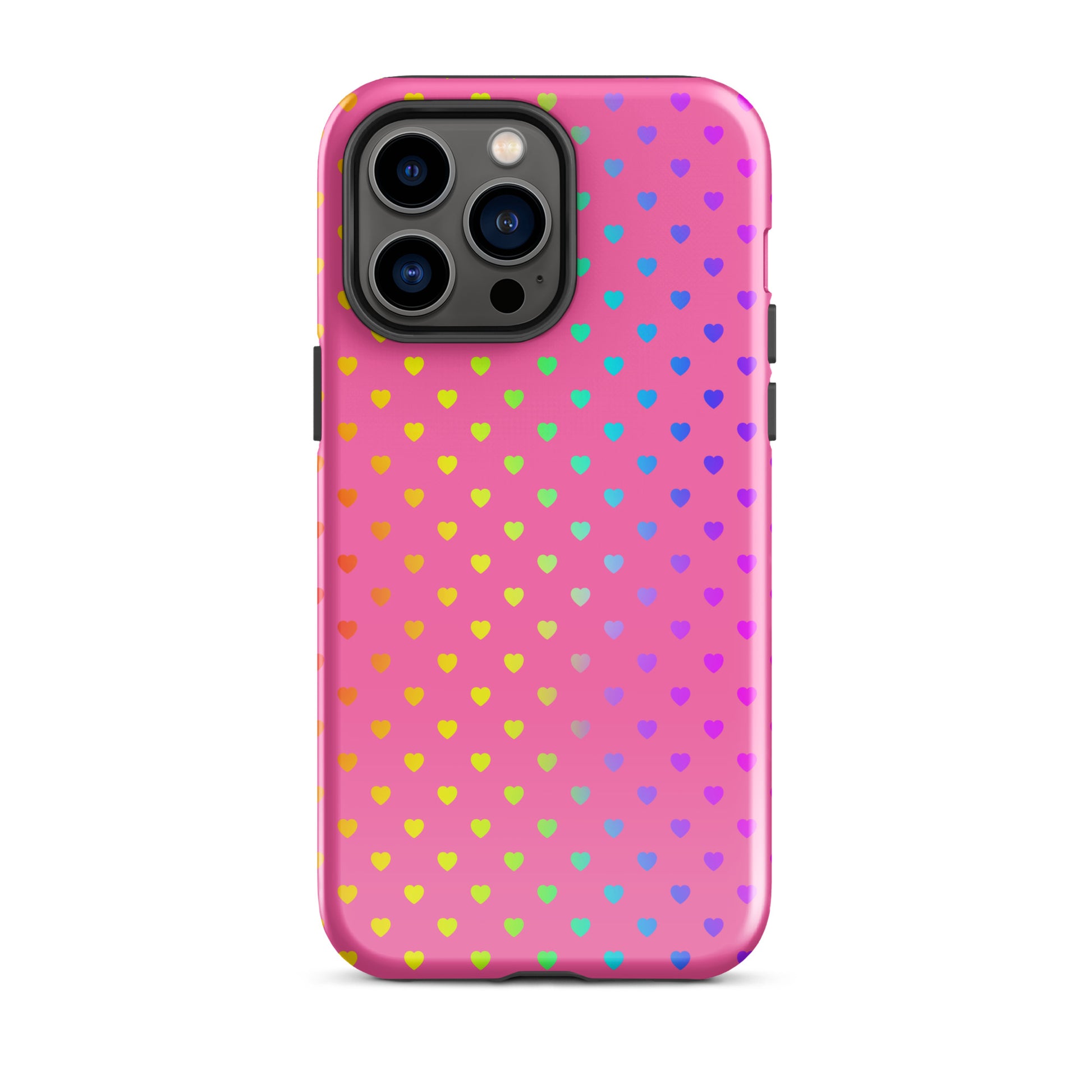 Phone Case for iPhone with rainbow heart pattern on pink background, adding a cheerful and playful vibe.