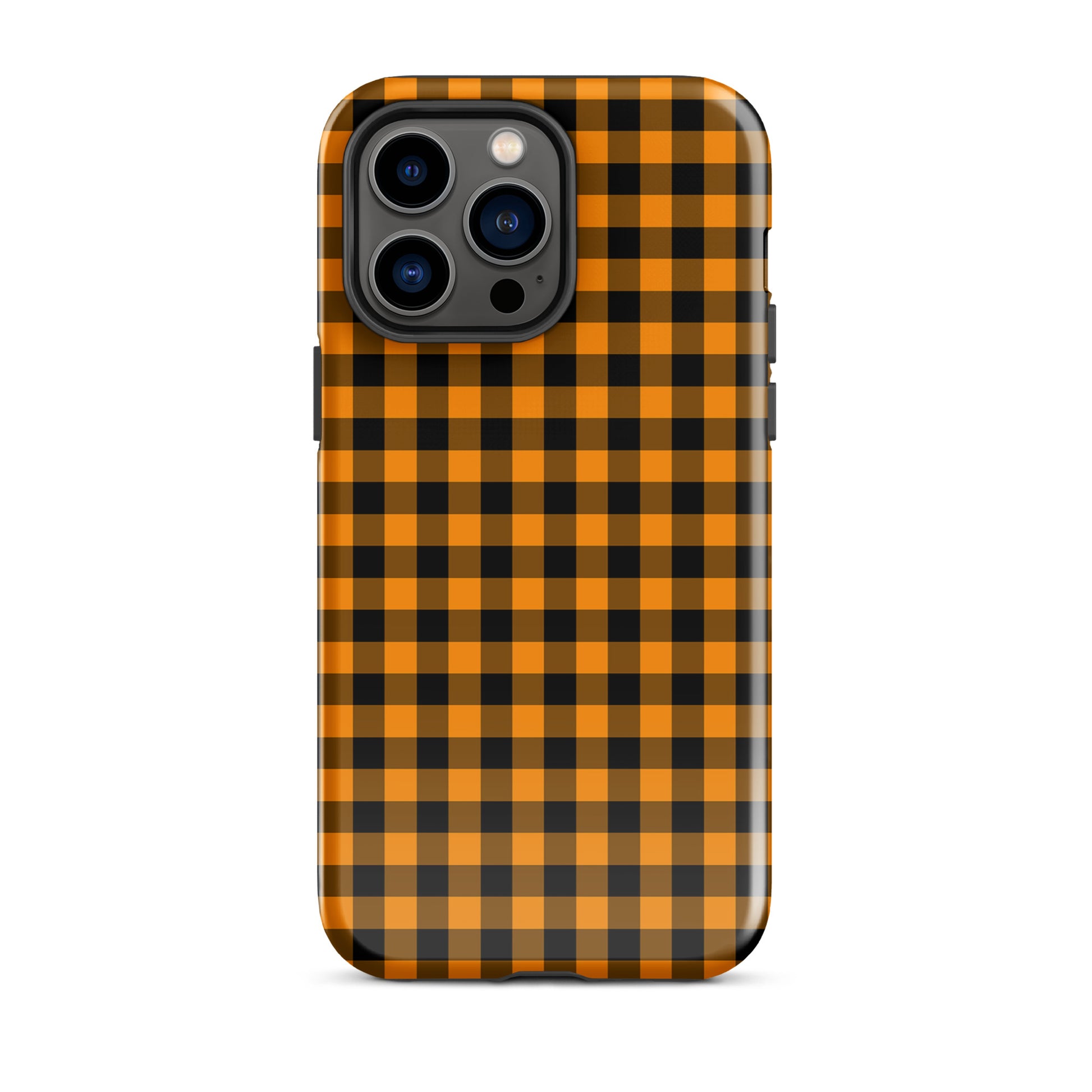 phone case with black-and-orange gingham autumn theme for iPhone