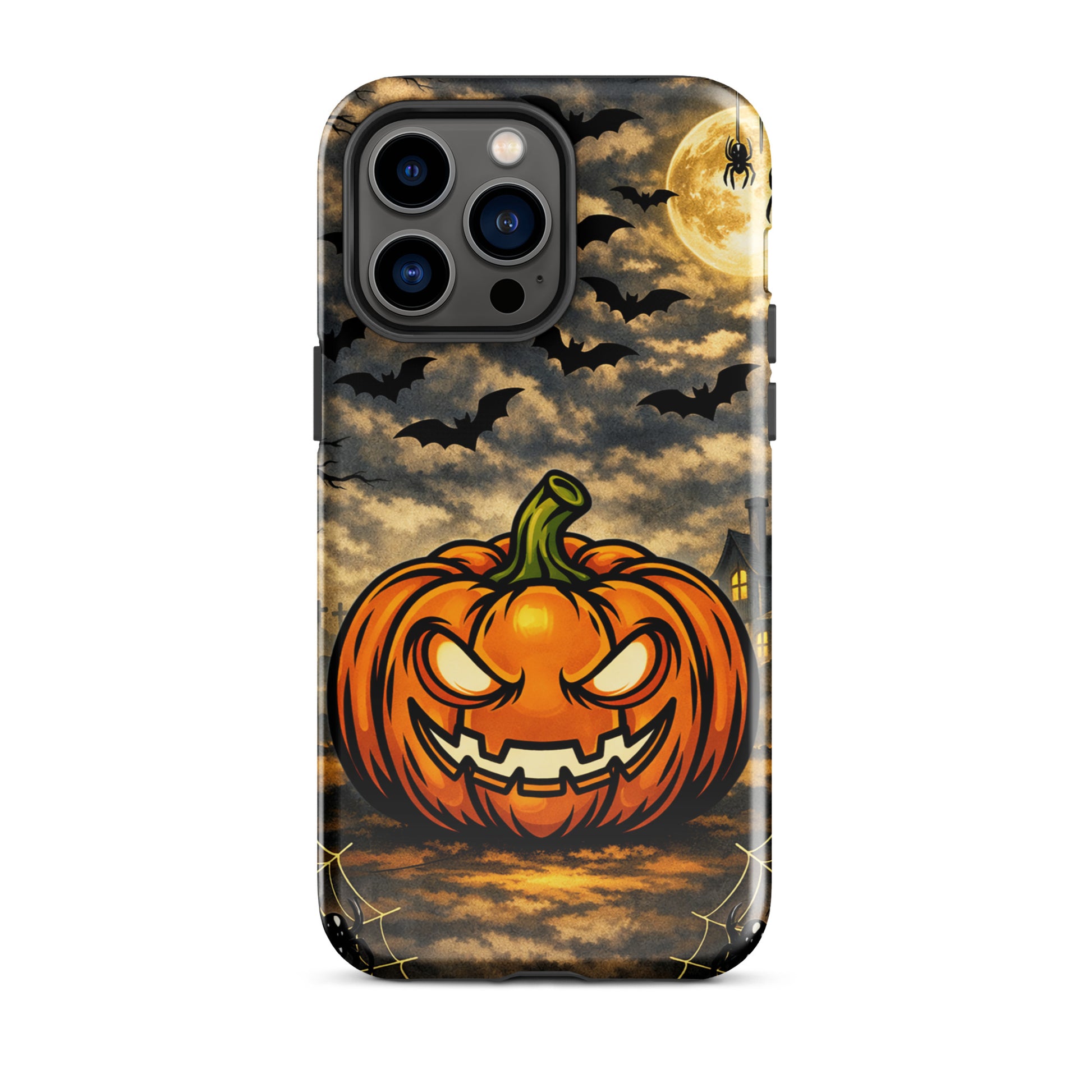 Phone Case for iPhone featuring a haunted pumpkin Halloween scene with bats, moonlit clouds, and a spooky house.