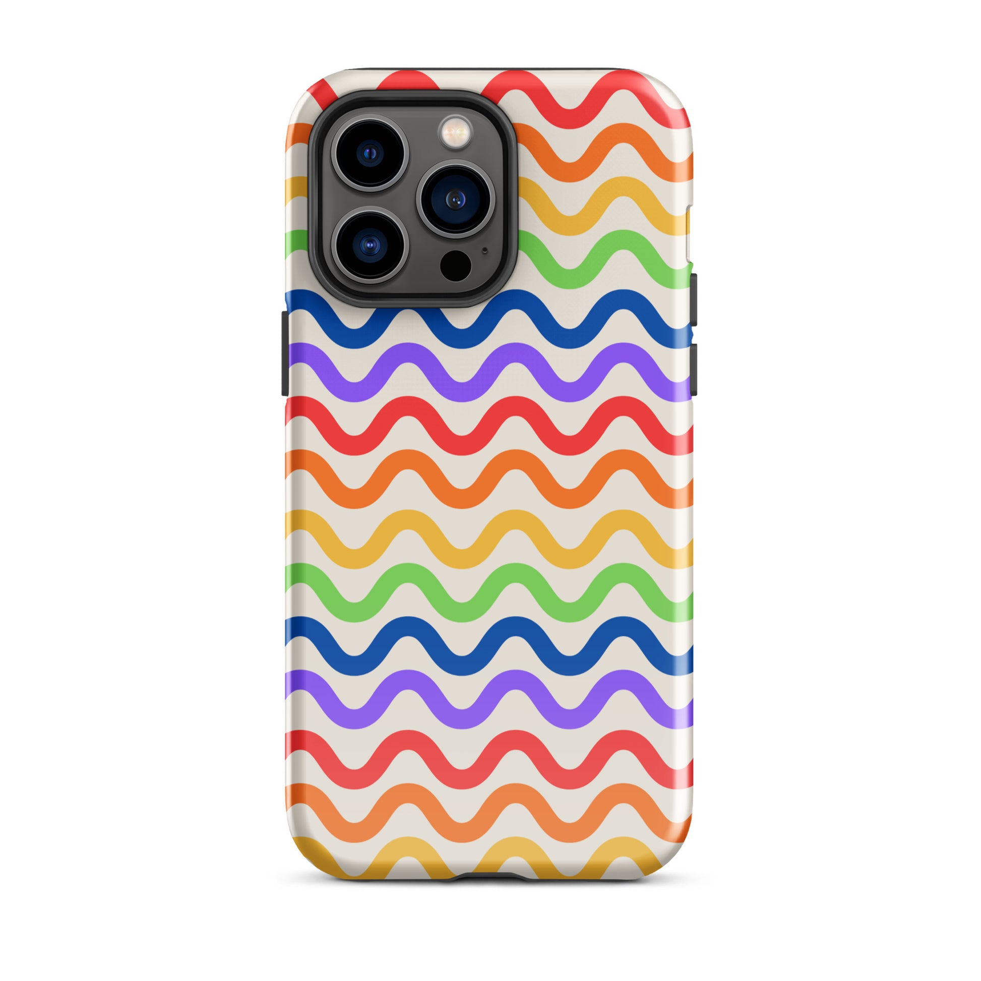 Phone Case for iPhone with wavy rainbow pattern in purple, red, orange, yellow, green, and blue on soft white, tough and playful style.