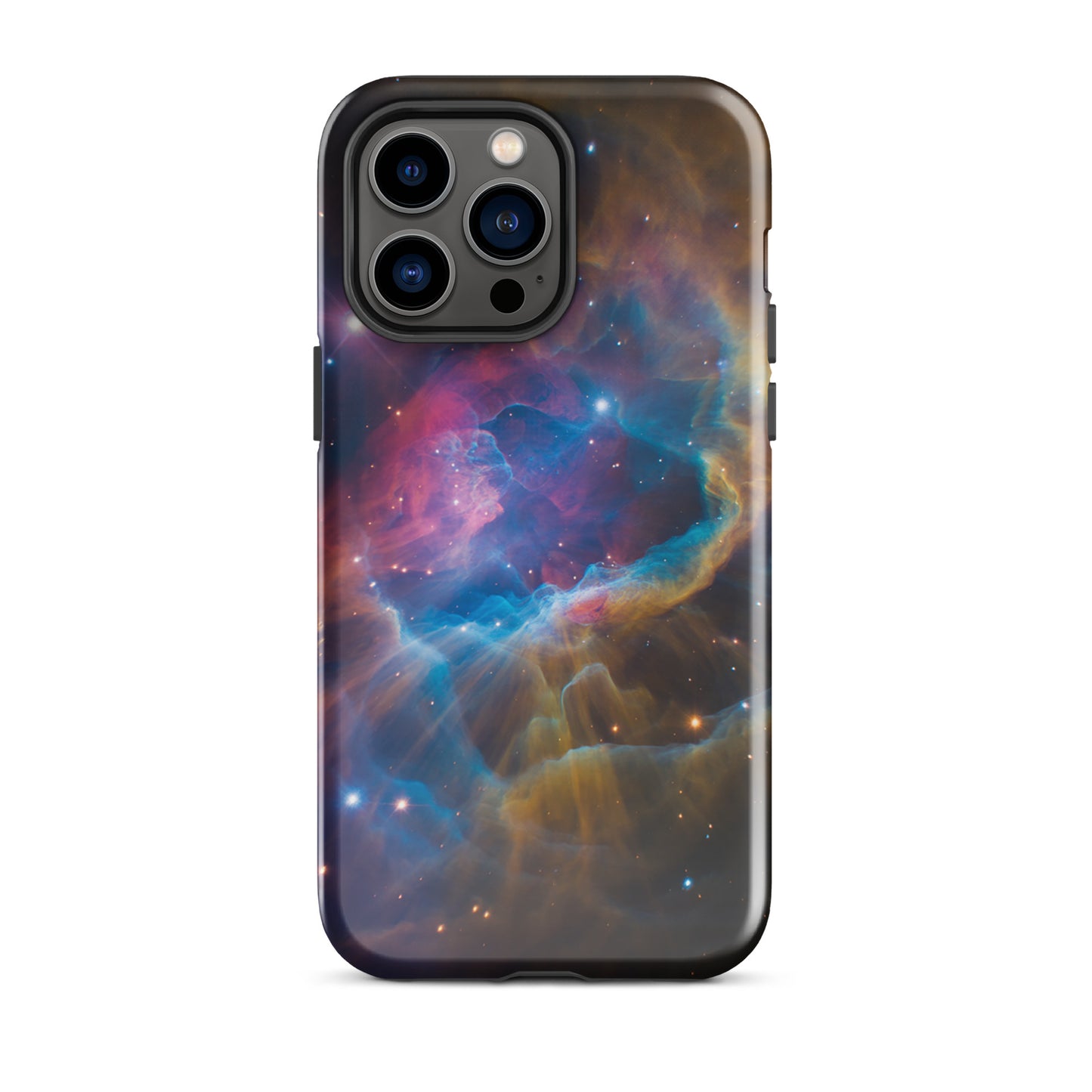 Phone Case for iPhone featuring a vibrant nebula design with electric blue and orange colors, Nebula Cosmic Dreamscape Starburst Edition.