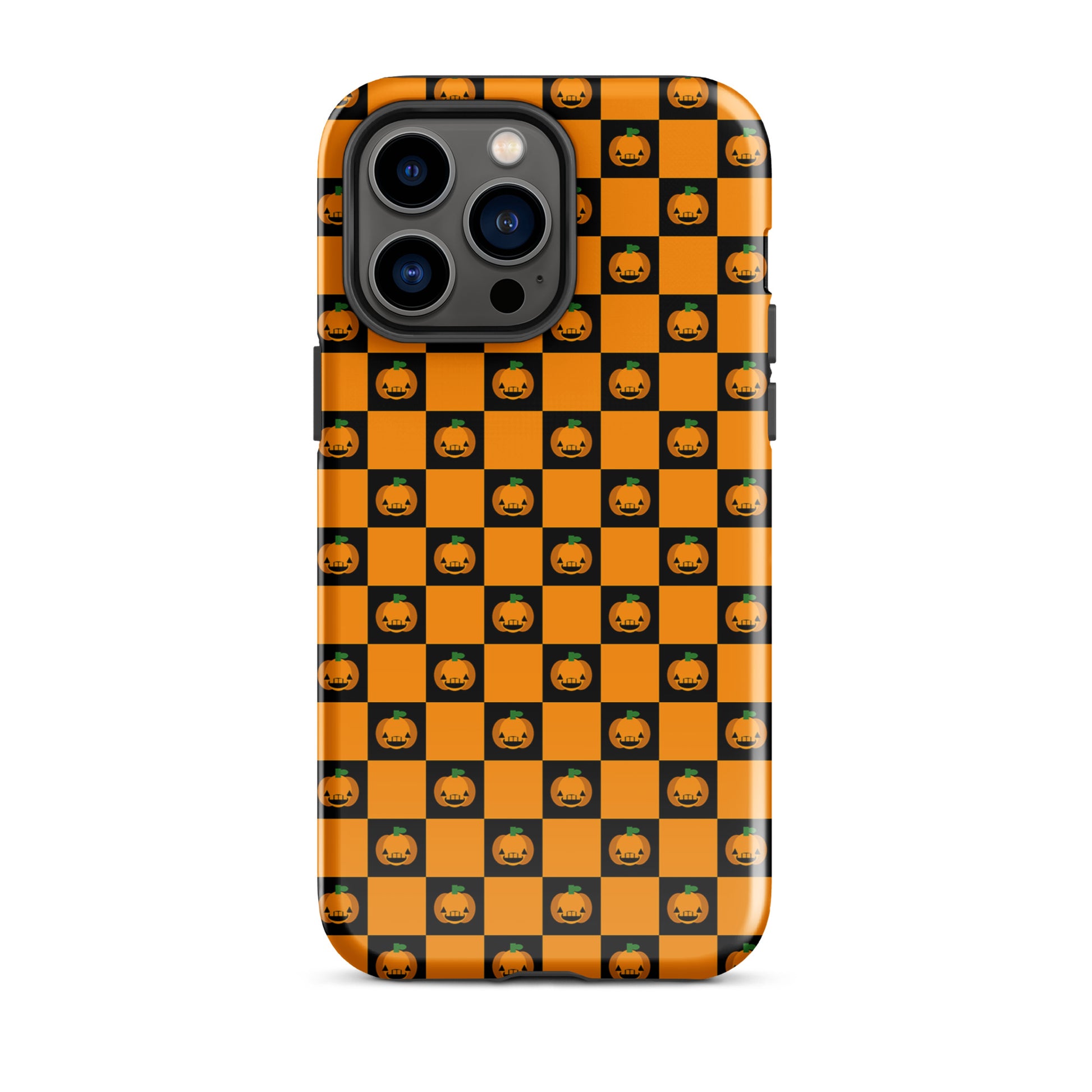 Phone Case for iPhone with checkered Halloween pumpkin design, featuring black and orange squares, perfect for October vibes.