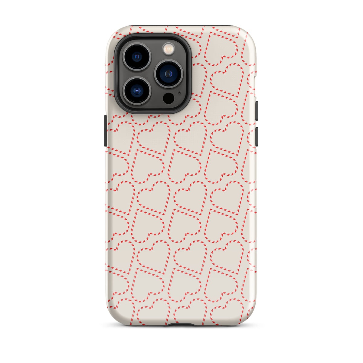 Phone Case for iPhone with holiday candy cane heart pattern, featuring festive red and white stripes, perfect for winter celebrations.